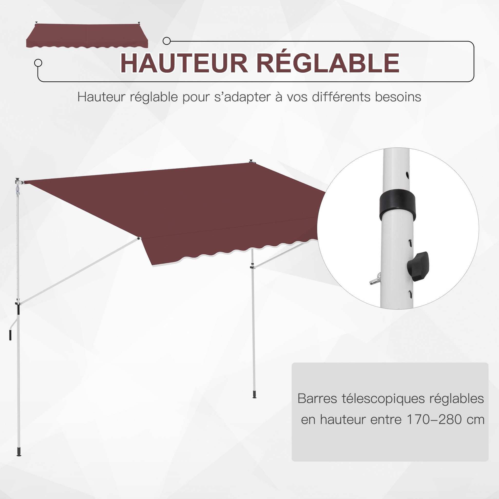 Voir la diapositive 5 : OUTSUNNY Store banne manuel rétractable 3L x 1,5l m inclinaison et hauteur réglable installation rapide métal alu polyester anti-UV bordeaux