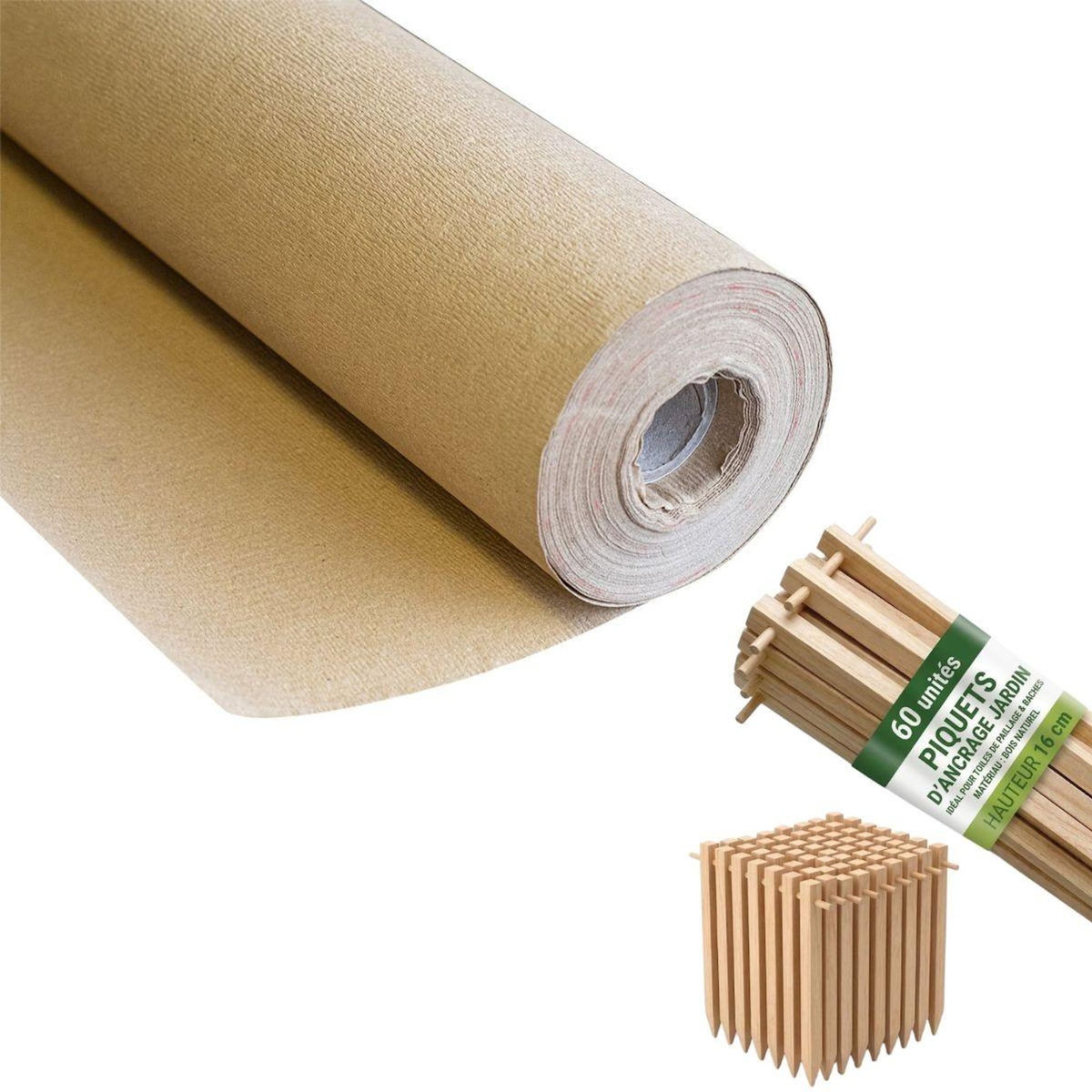 KZ GARDEN Kit Toile de paillage Papier Kraft 0.9 x 20m + 60 Piquets Bois fixation Paillage Autodégradable Anti mauvaises herbes Jardin