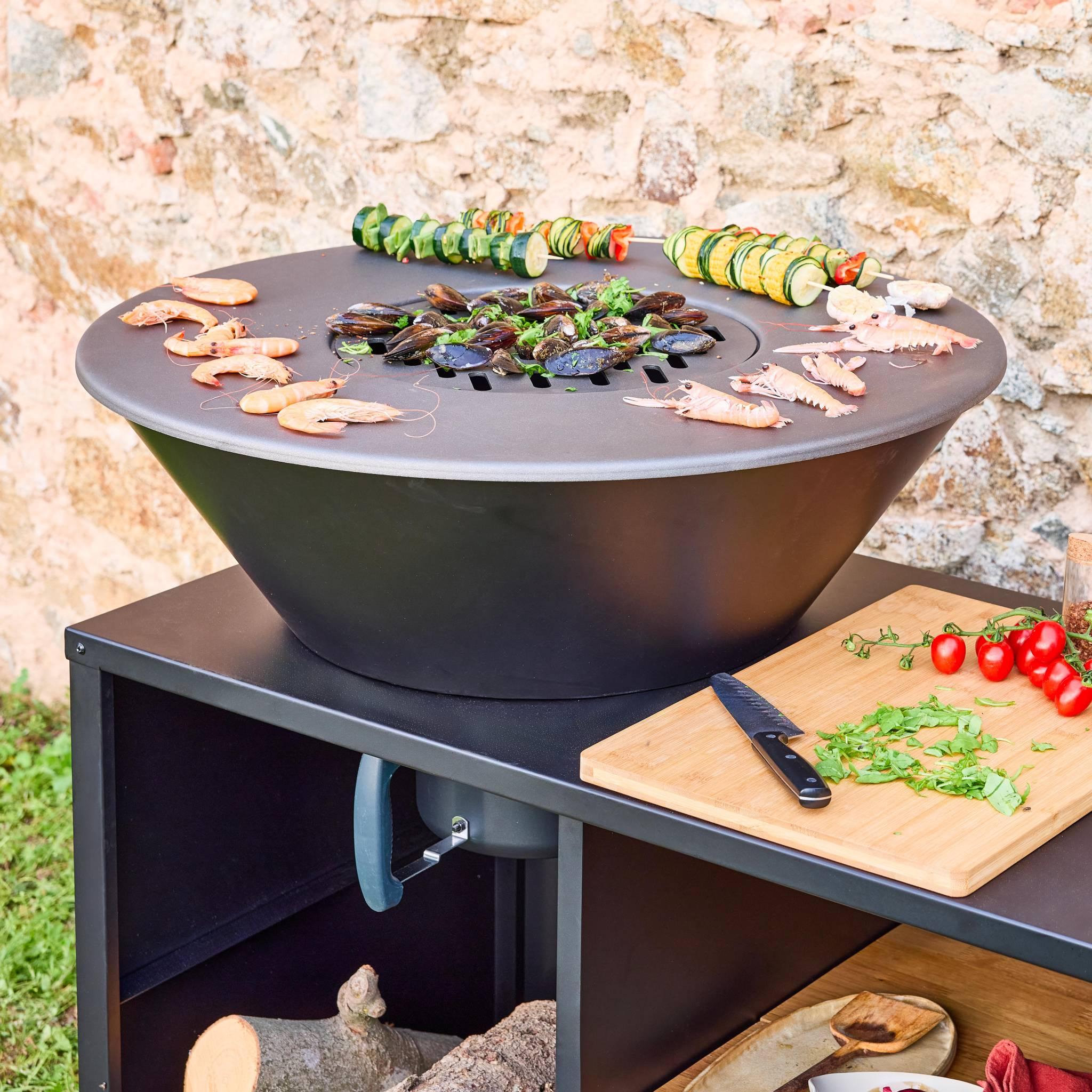 Voir la diapositive 5 : SWEEEK Braséro de cuisson Ø80cm avec grille de cuisson et espace de rangement, L 138 x P 82 x H 114 cm