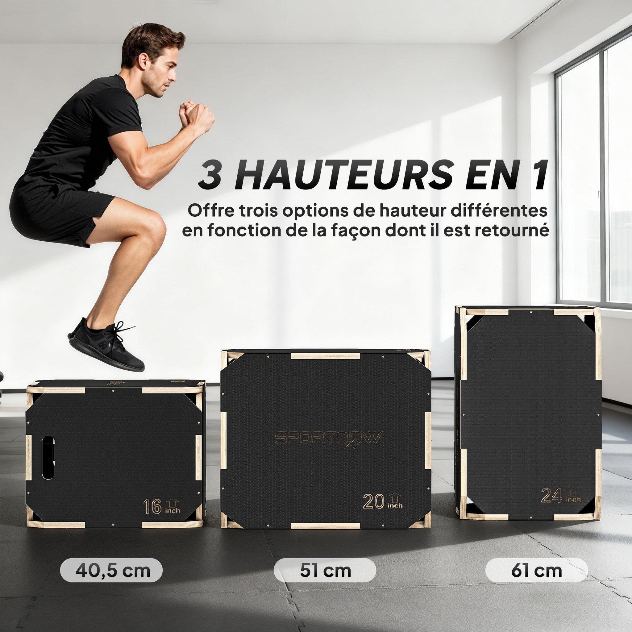 Voir la diapositive 5 : HOMCOM Box jump - box de pliométrie - boite de saut - 3 hauteurs 40/51/61H cm - charge max. 120 Kg - contreplaqué antidérapant noir