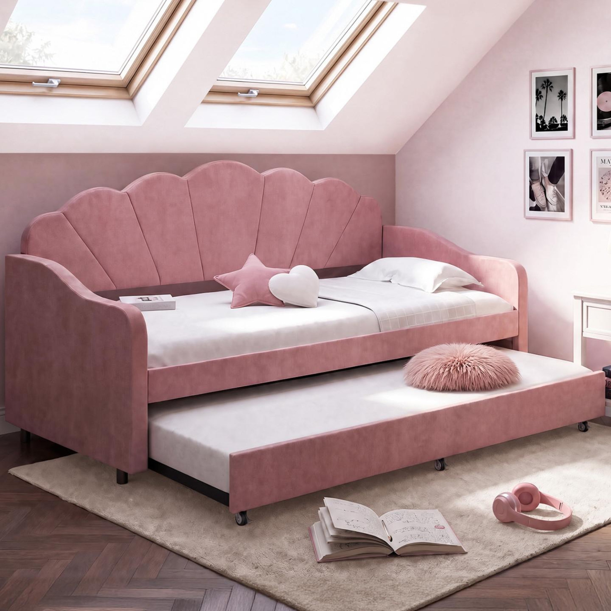 Voir la diapositive 6 : ID MARKET Lit banquette gigogne coquillage amanda 2 x 90 x 190 cm avec 2 sommiers velours rose poudré
