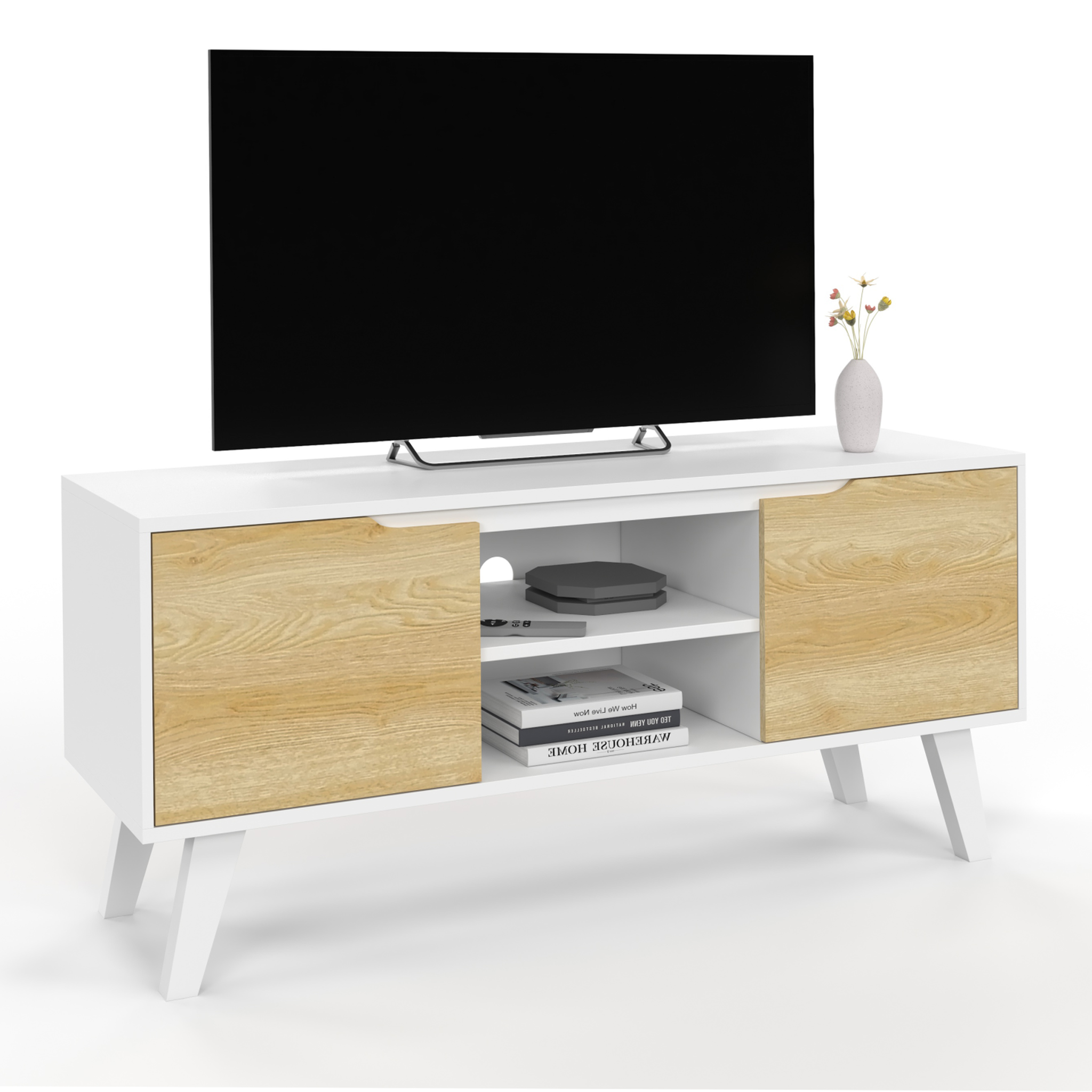 ID MARKET Meuble tv 110 cm finn blanc 2 portes façon hêtre