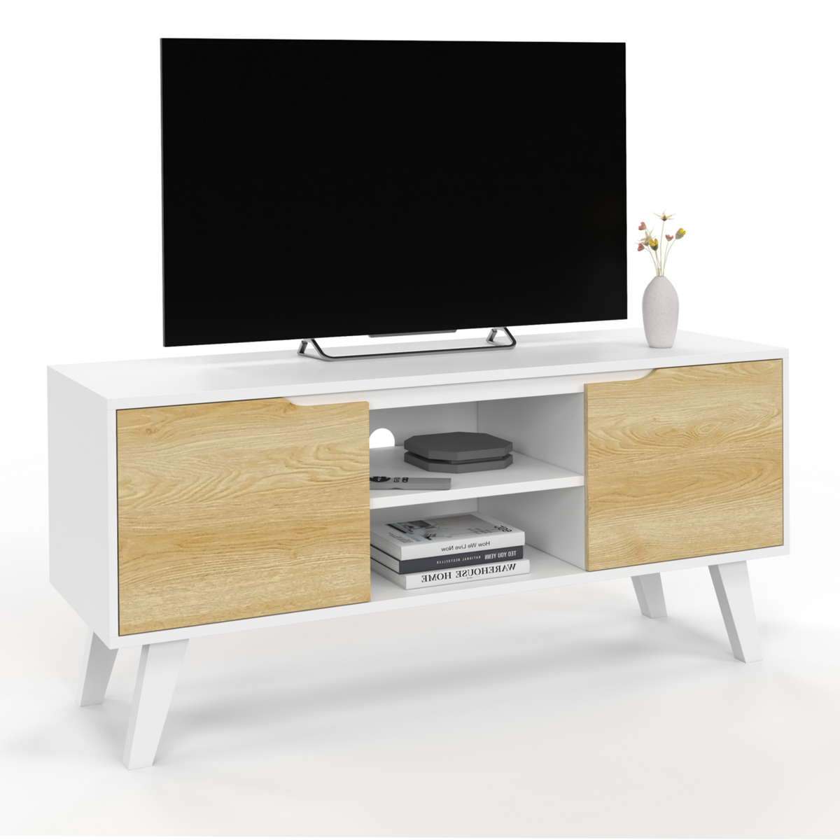 ID MARKET Meuble TV 110 cm FINN blanc 2 portes façon hêtre