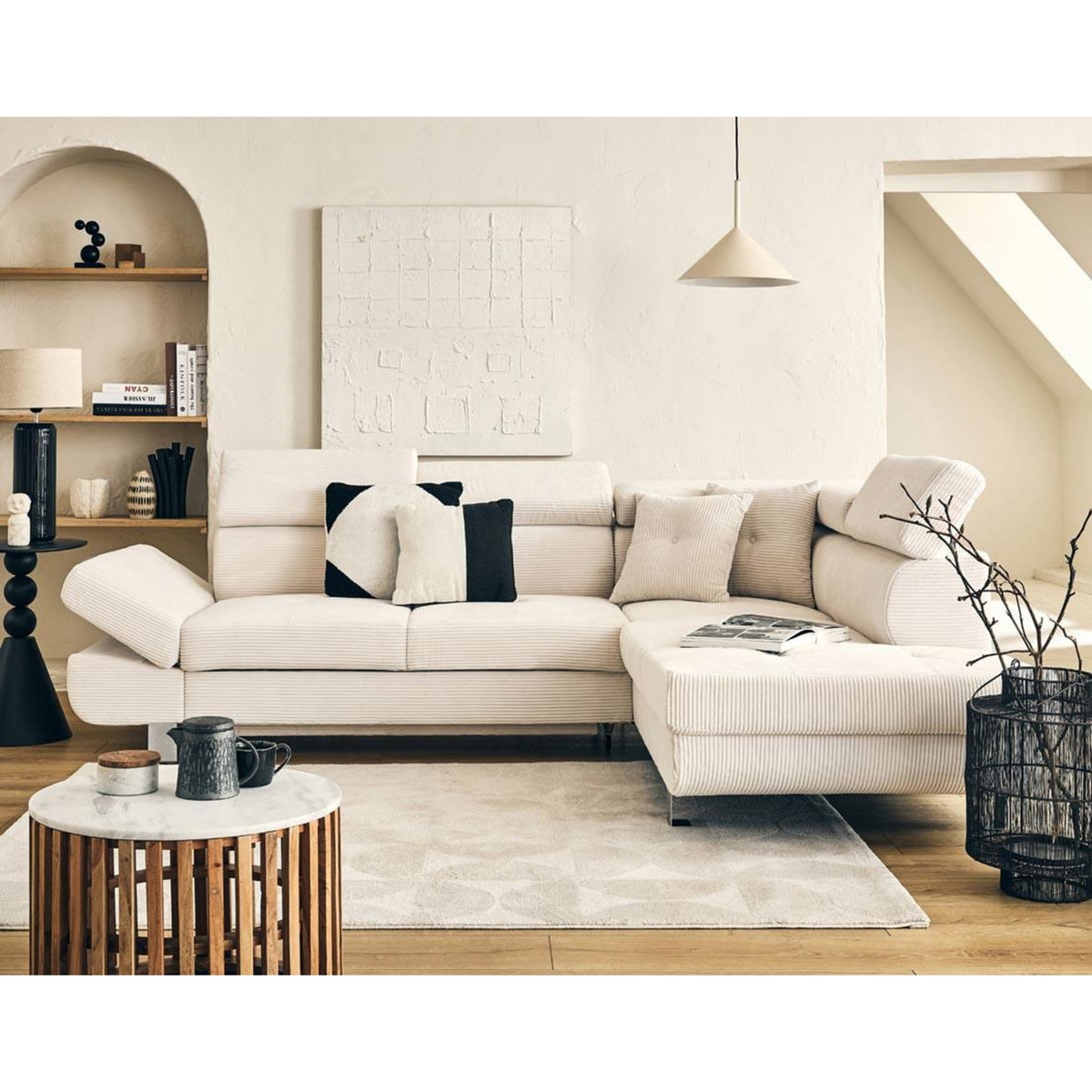 BEST MOBILIER Lisbona - canapé d'angle droit 5 places convertible avec têtières en velours côtelé