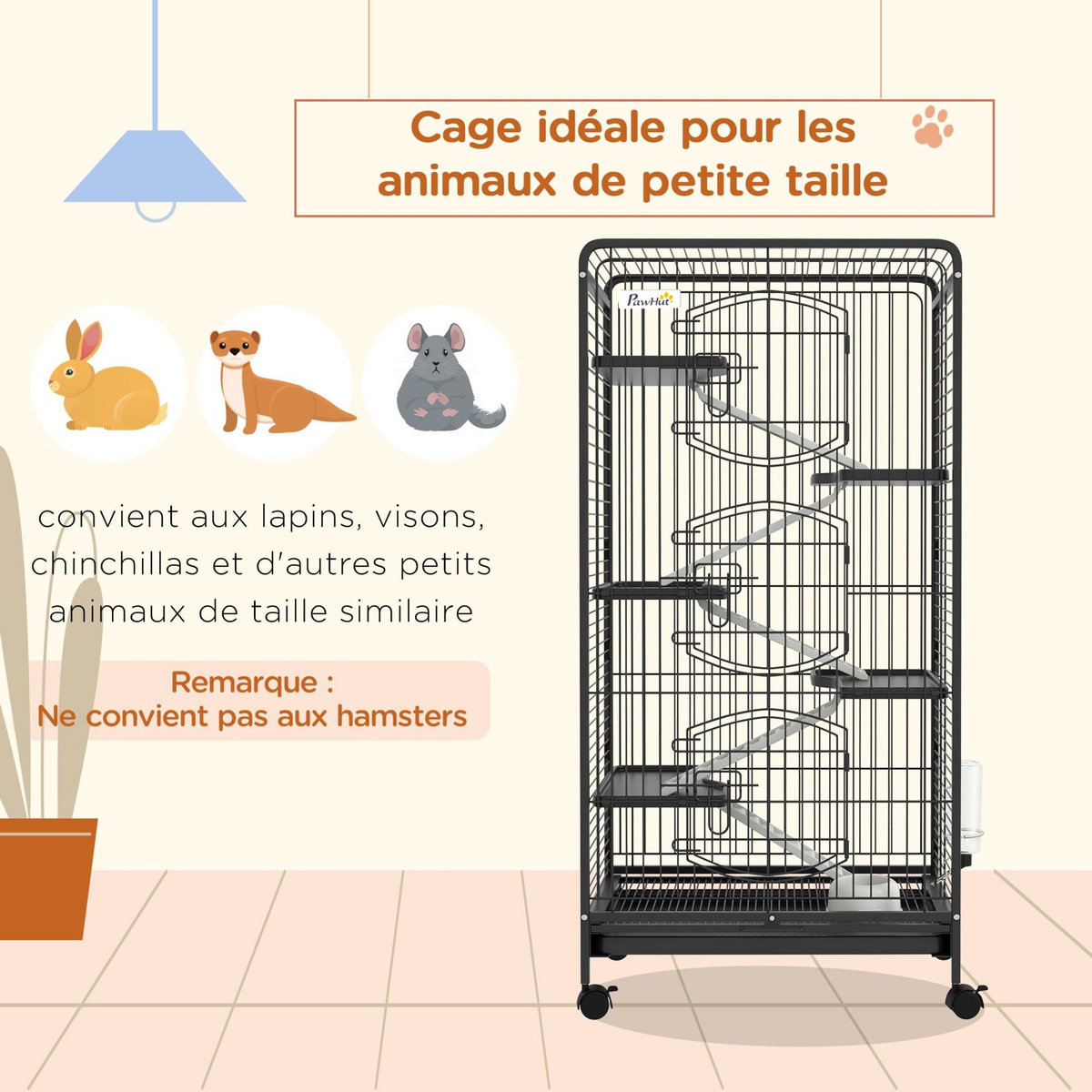 PAWHUT Cage pour petits animaux roulante 5 rampes 5 plateformes gamelle distributeur eau plateau amovible métal PP noir