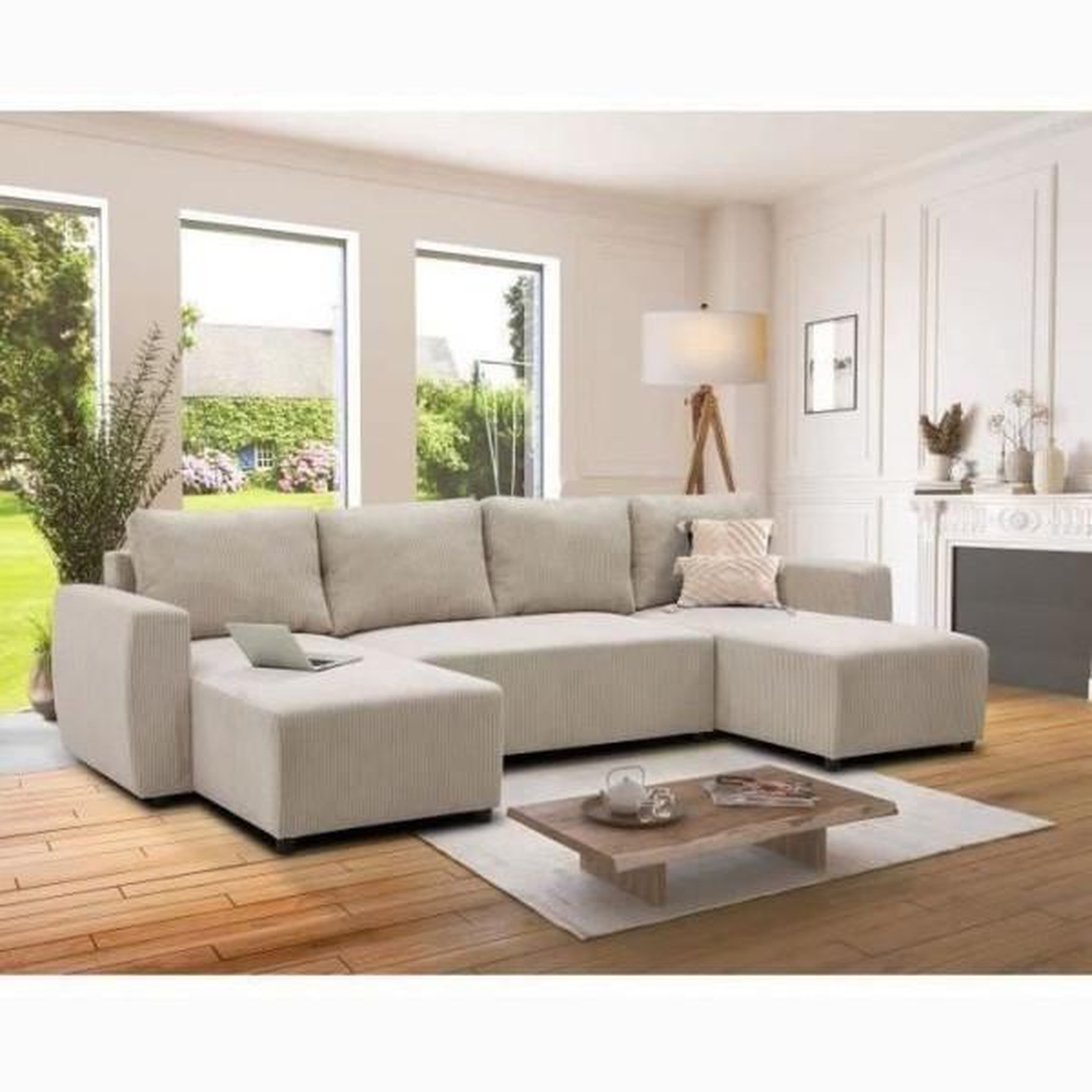 Voir la diapositive 2 : MARKET24 Canapé d'angle convertible panoramique PHARELL 7 places - Velours côtelé beige - Coffre de rangement - L297 x P155 x H85