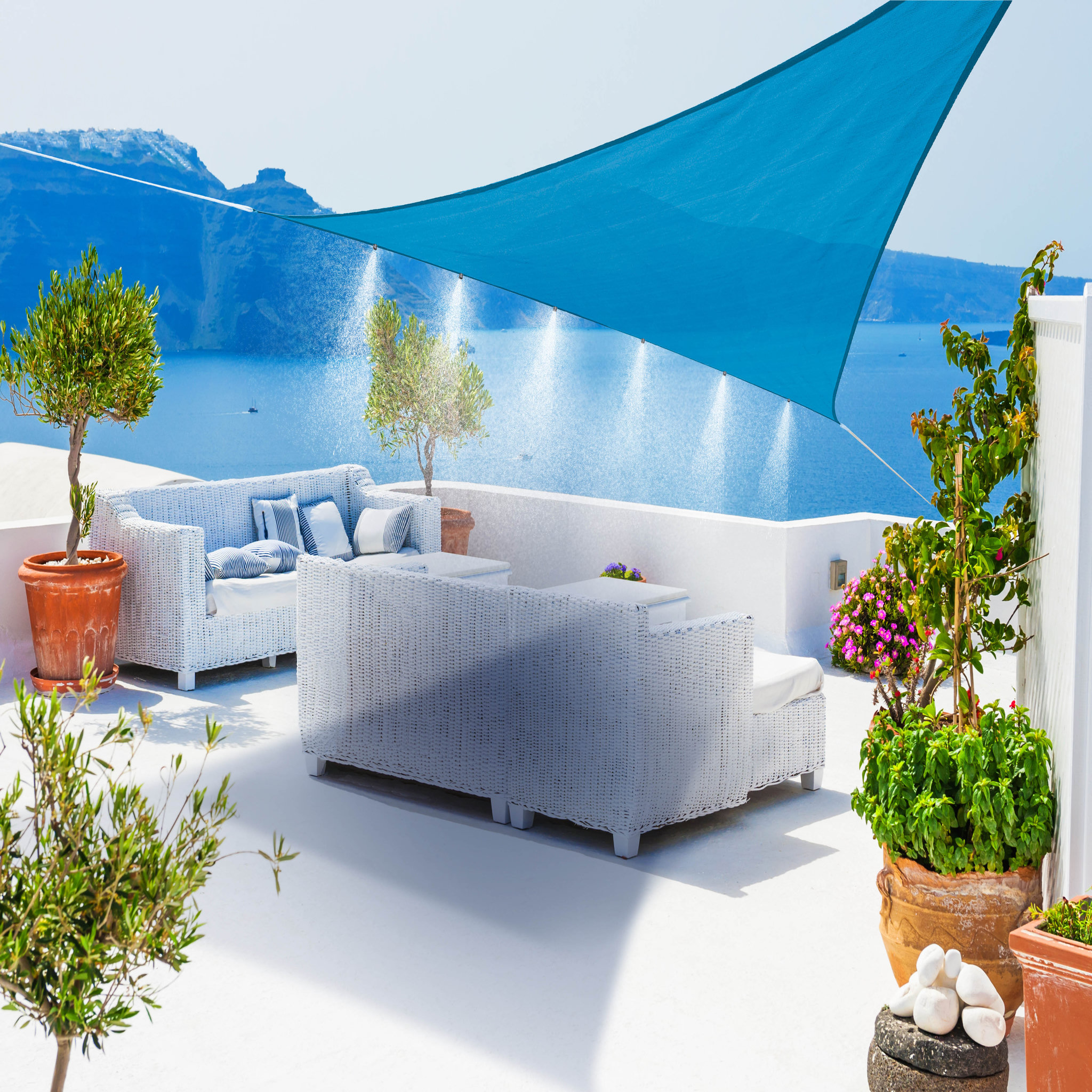 JARDILINE Voile d'ombrage triangulaire 3m60 avec brumisateur 6 buses bleu