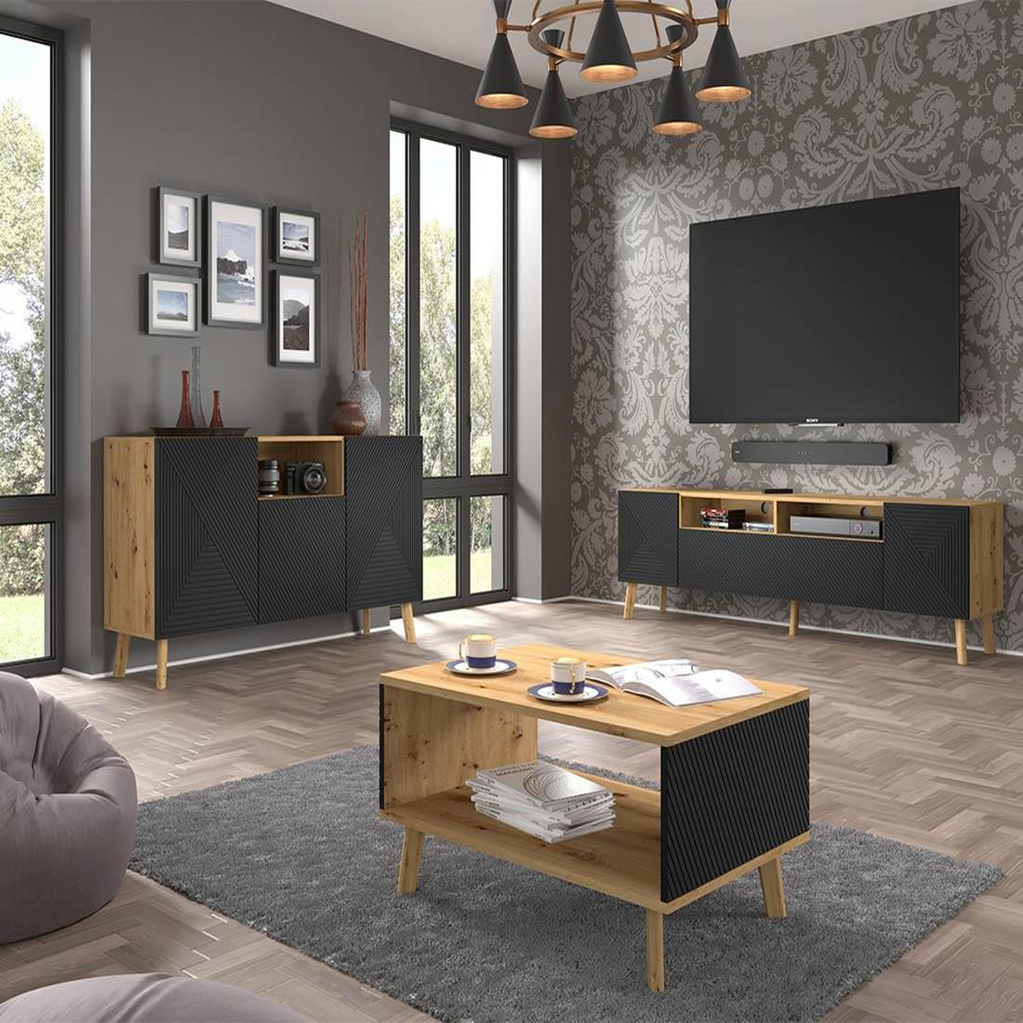 Voir la diapositive 5 : BEST MOBILIER Velato - meuble tv - effet bois et noir - 195 cm