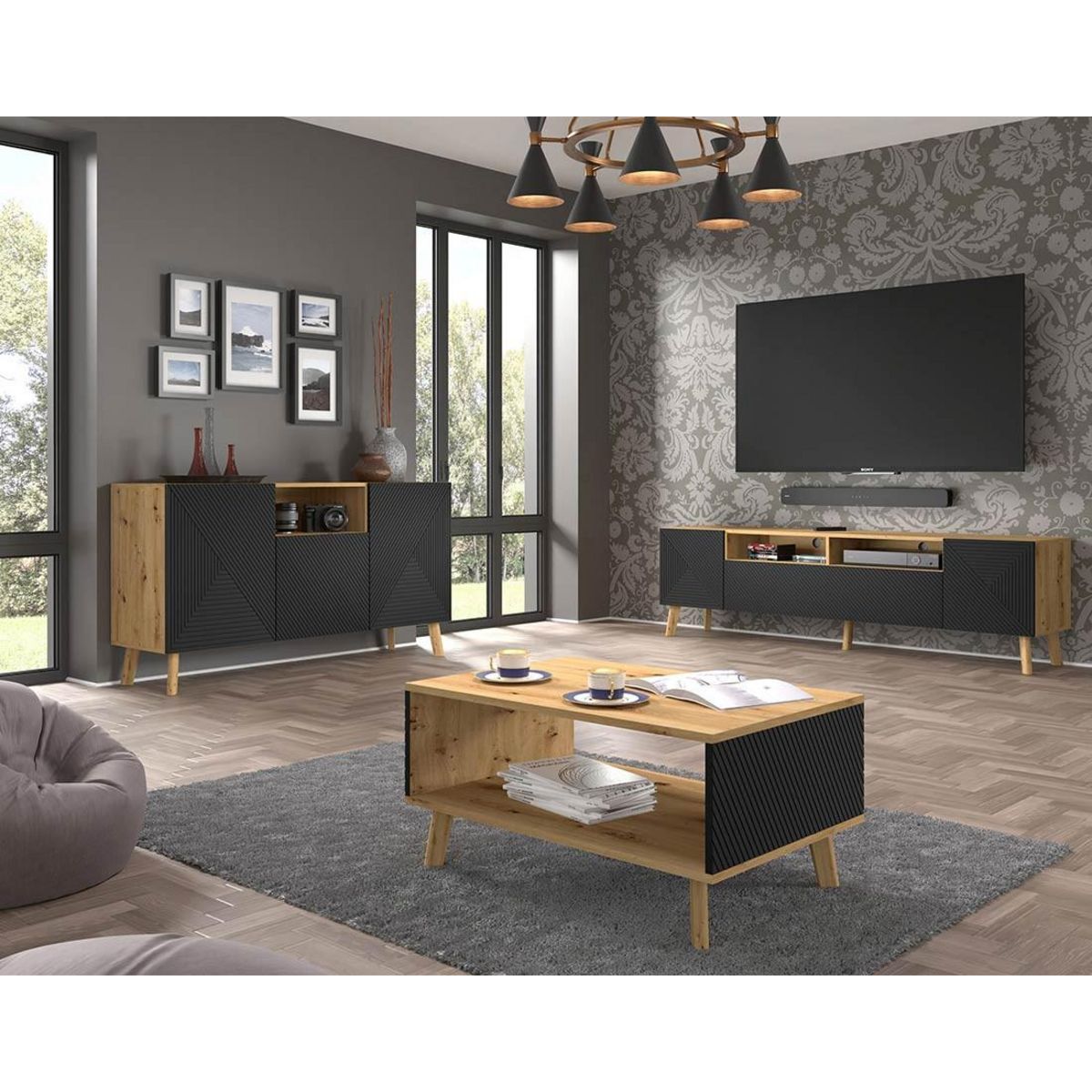 BEST MOBILIER Velato - meuble tv - effet bois et noir - 195 cm