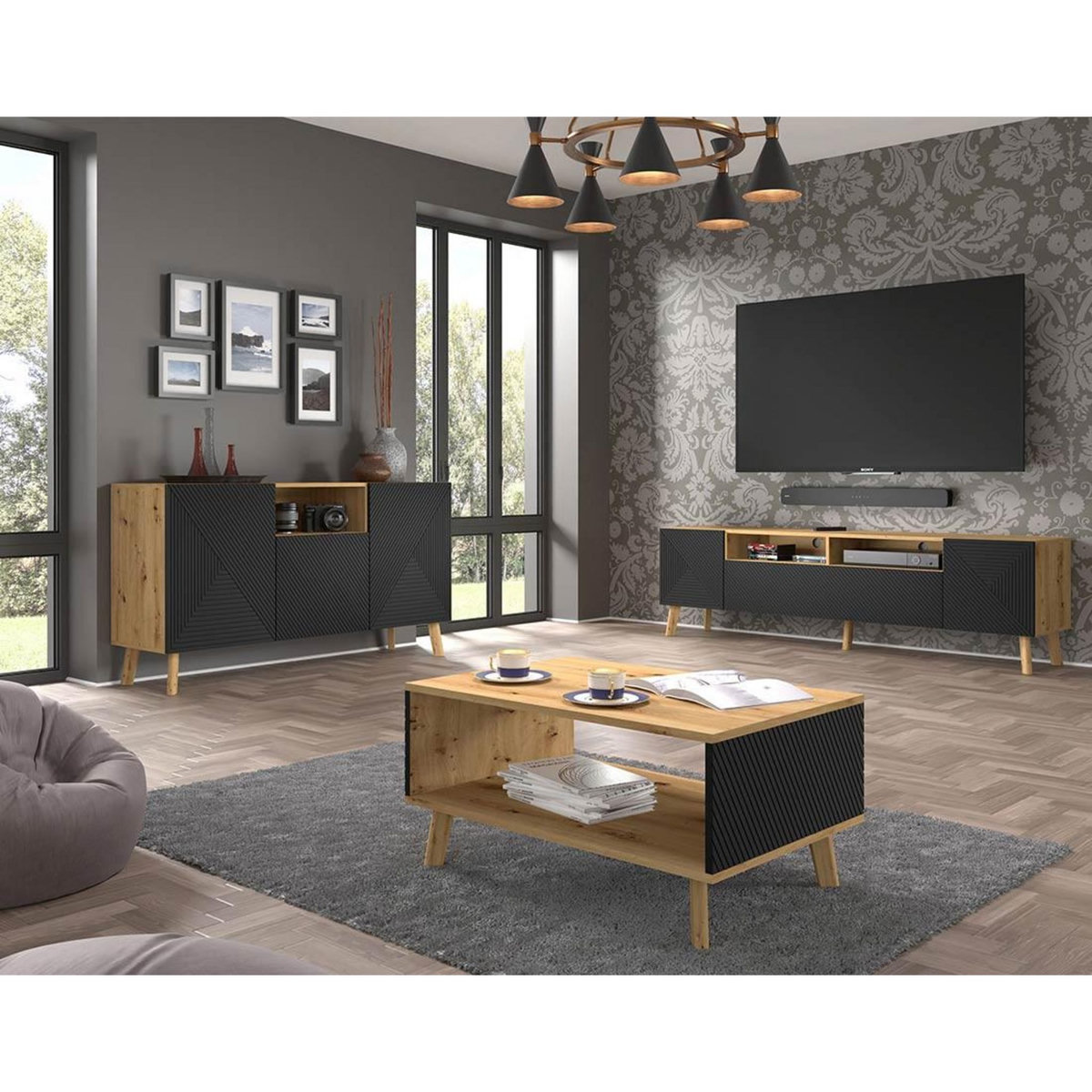 BEST MOBILIER Velato - meuble tv - effet bois et noir - 195 cm