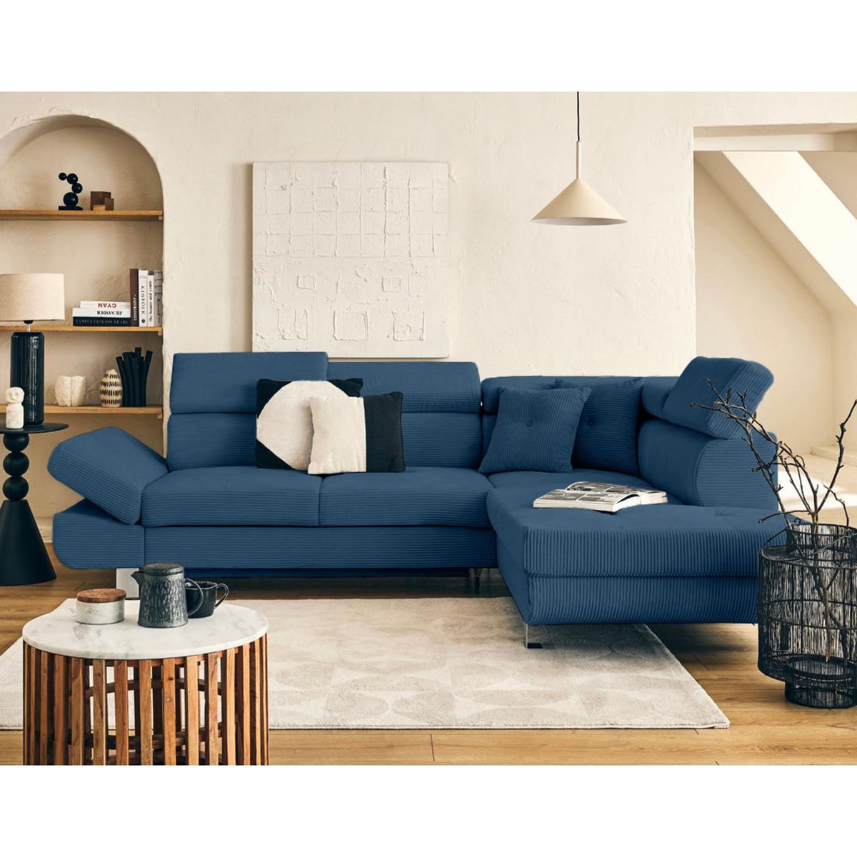 BEST MOBILIER Lisbona - canapé d'angle droit 5 places convertible avec têtières en velours côtelé