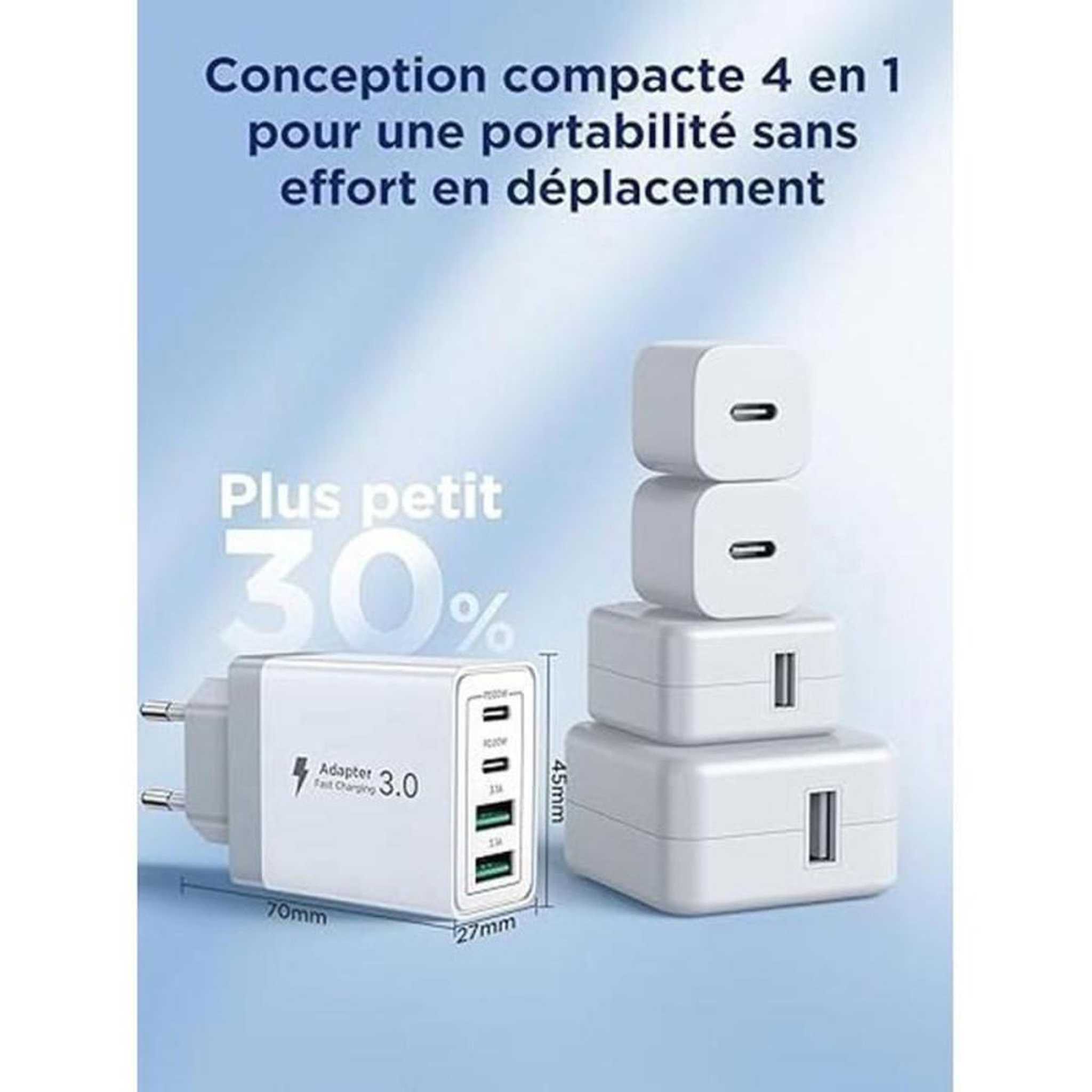 Voir la diapositive 4 : Chargeur USB-C 40W 4 ports blanc, 2 USB-C PD20W et 2 USB-A, charge rapide pour 4 appareils