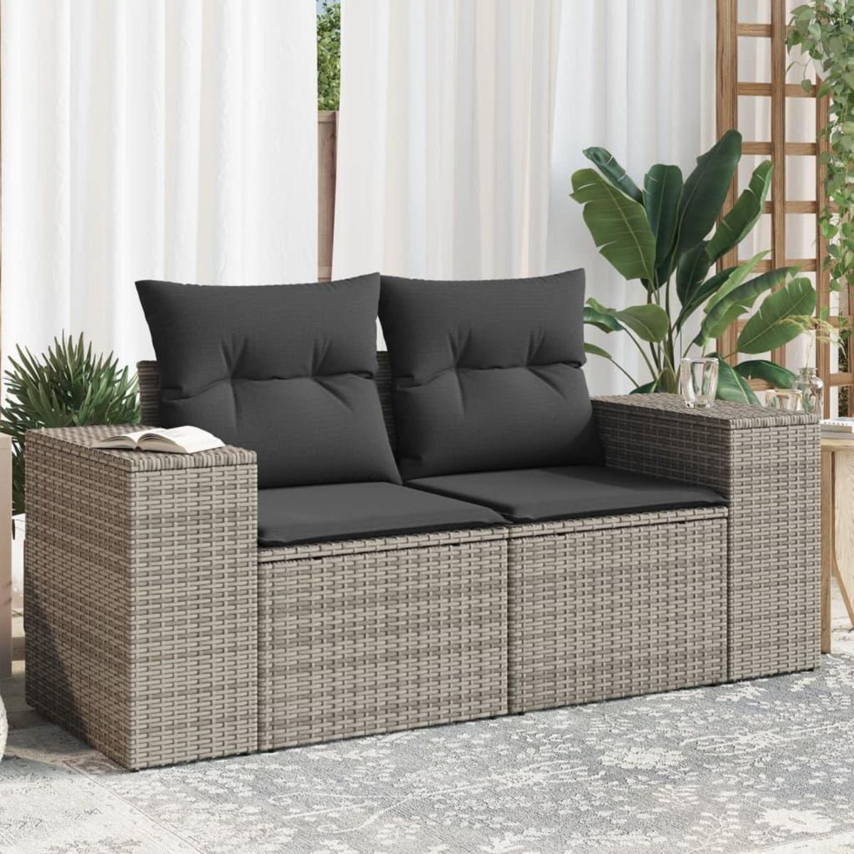 VIDAXL Canape de jardin 2 places avec coussins gris resine tressee