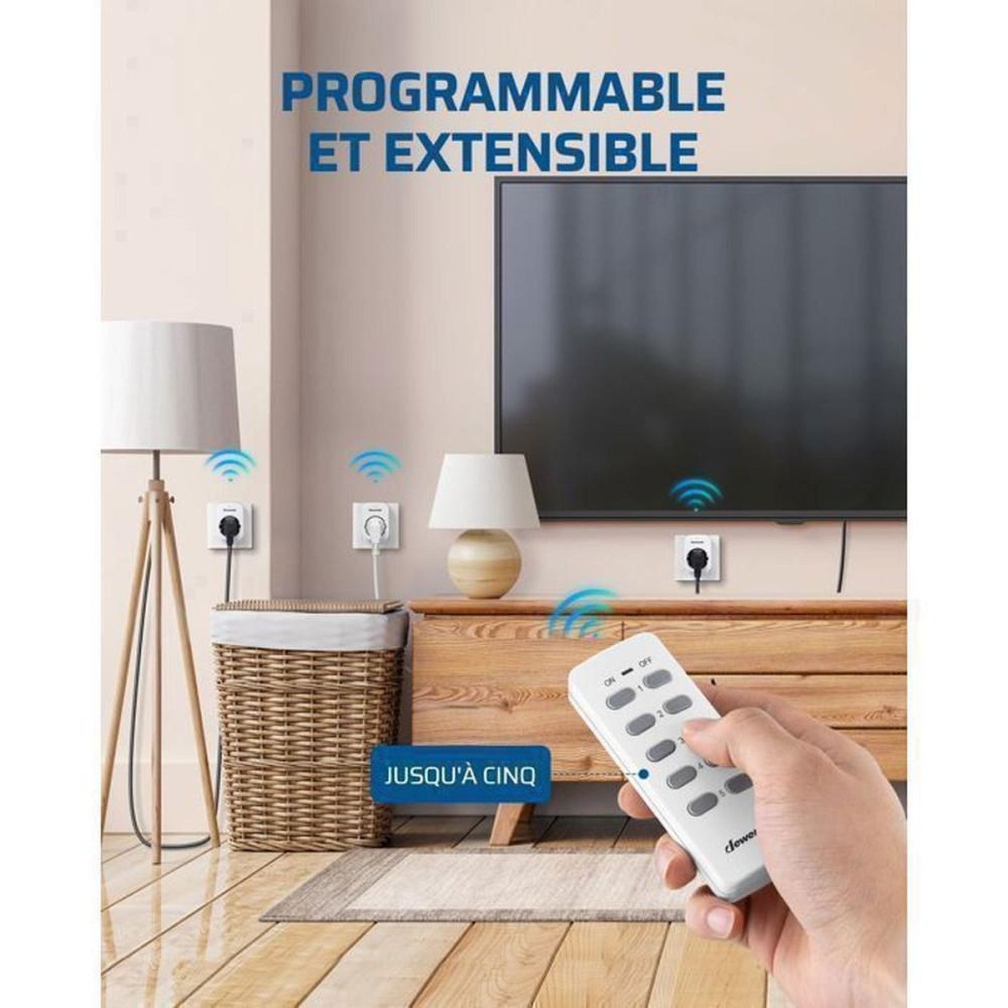 Voir la diapositive 5 : Kit prises connectées RF : 5 sorties type E/F + 2 télécommandes, 2300 W, portée 30 m, blanc