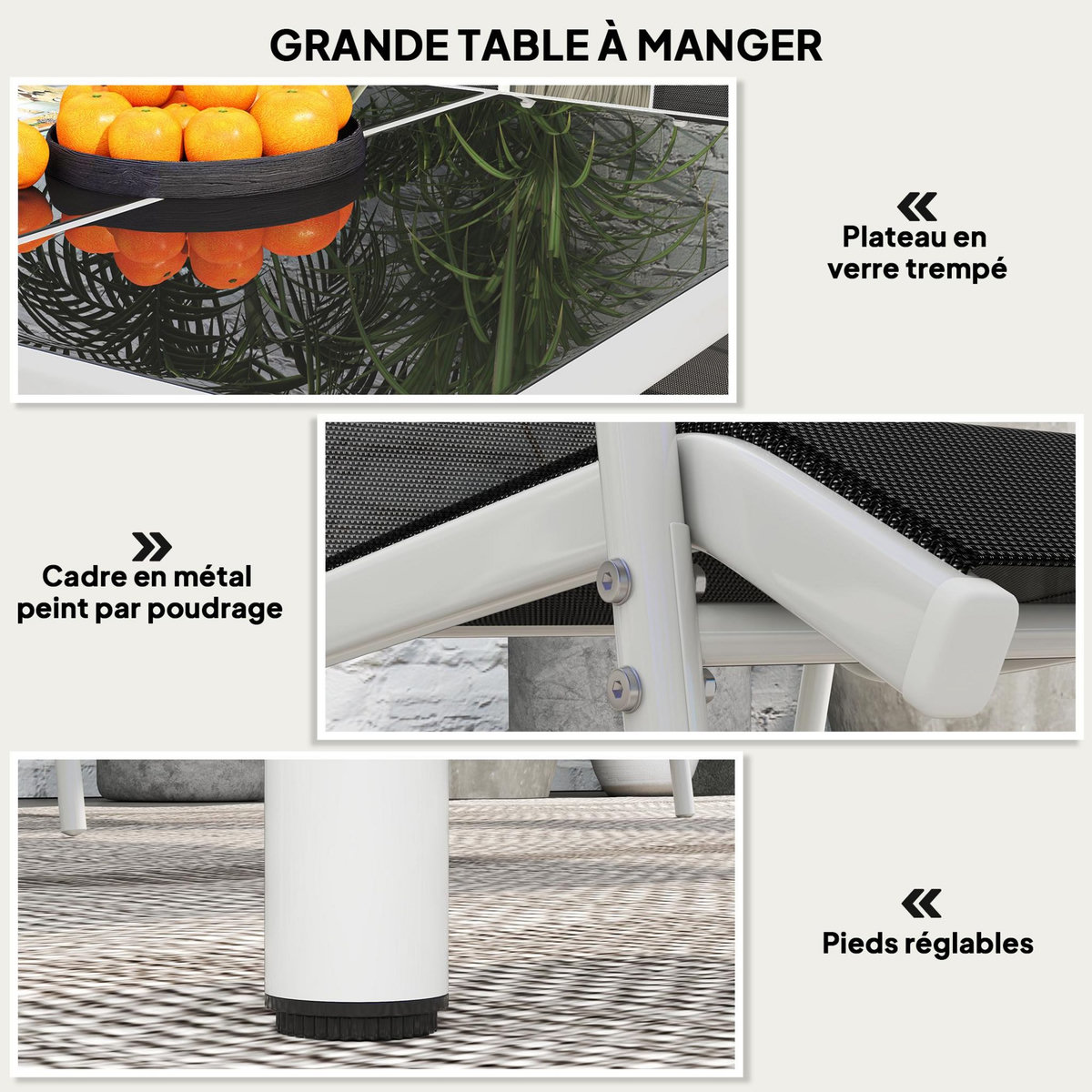 OUTSUNNY Ensemble de jardin 6 pers. 6 chaises empilables table plateau verre trempé 5 mm métal époxy gris textilène noir