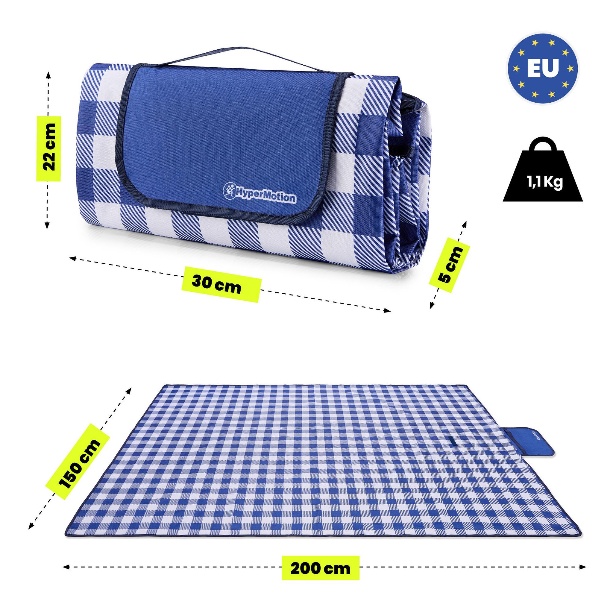 Voir la diapositive 3 : HYPERMOTION Couverture de pique-nique 150x200 HyperMotion Carreaux Bleus Vichy imperméable