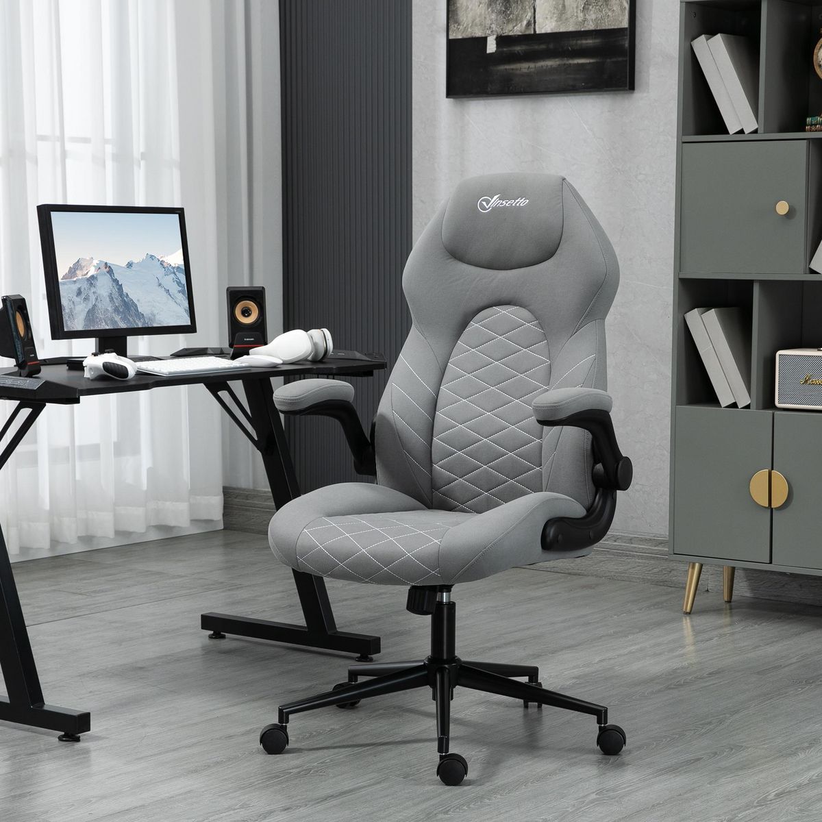 VINSETTO Fauteuil de bureau chaise de bureau ergonomique hauteur réglable pivotant 360° accoudoirs relevables tissu gris clair
