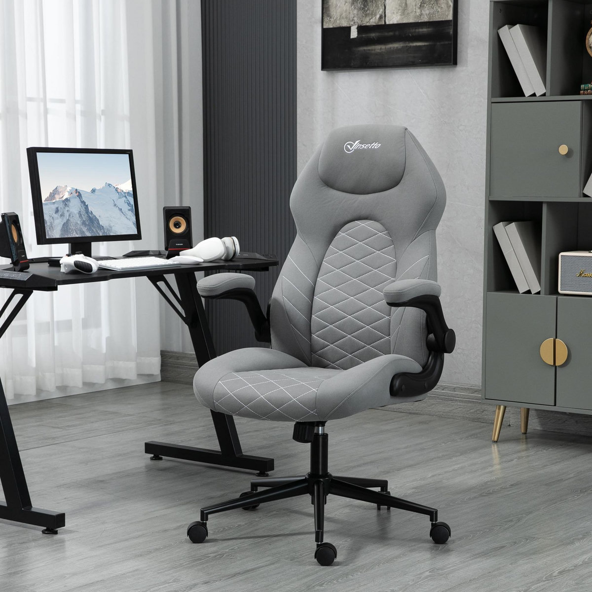 VINSETTO Fauteuil de bureau chaise de bureau ergonomique hauteur réglable pivotant 360° accoudoirs relevables tissu gris clair