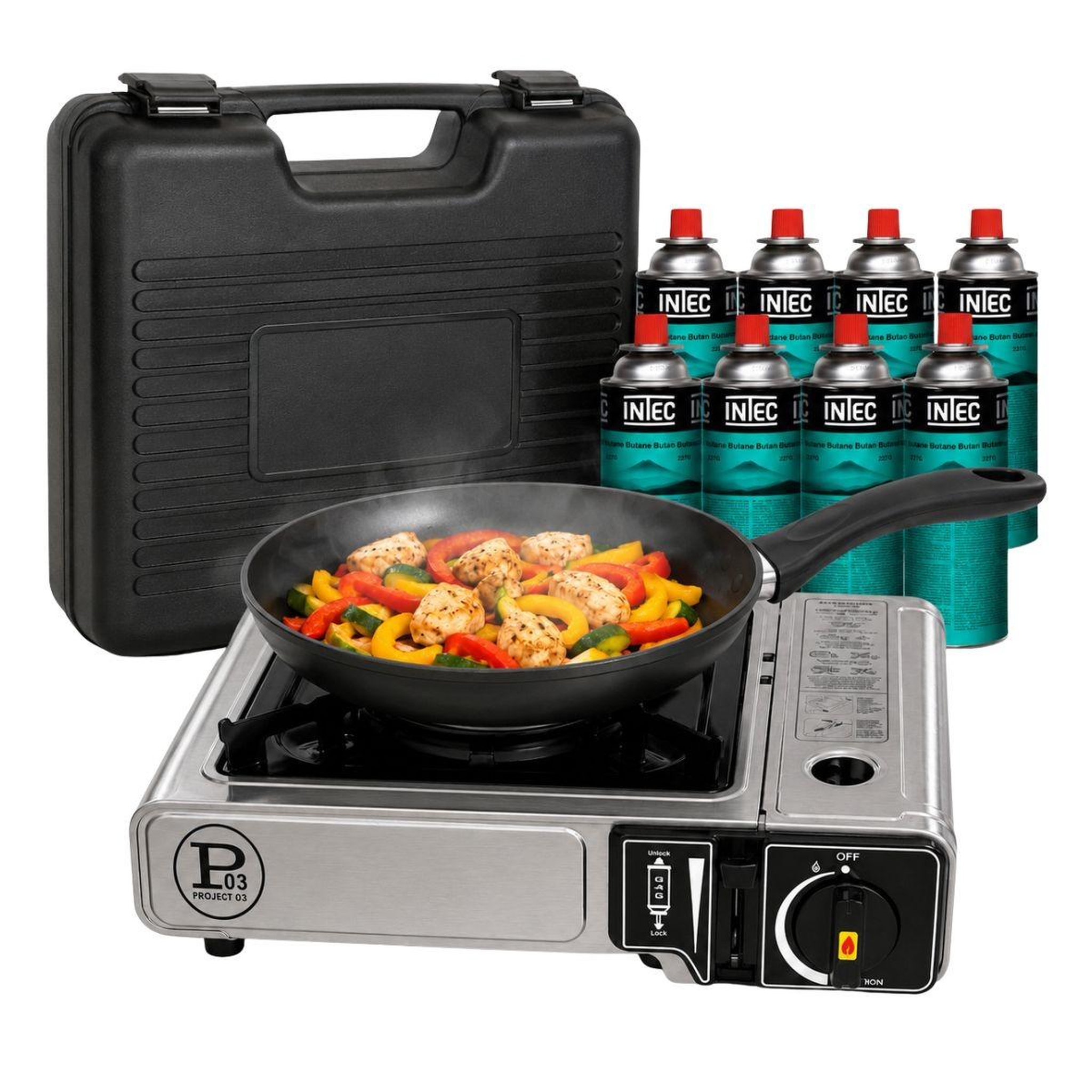 INTEC Réchaud à gaz portable 1feu 2200w + 8 cartouches gaz butane idéal réchaud camping, van cuisine extérieure intec