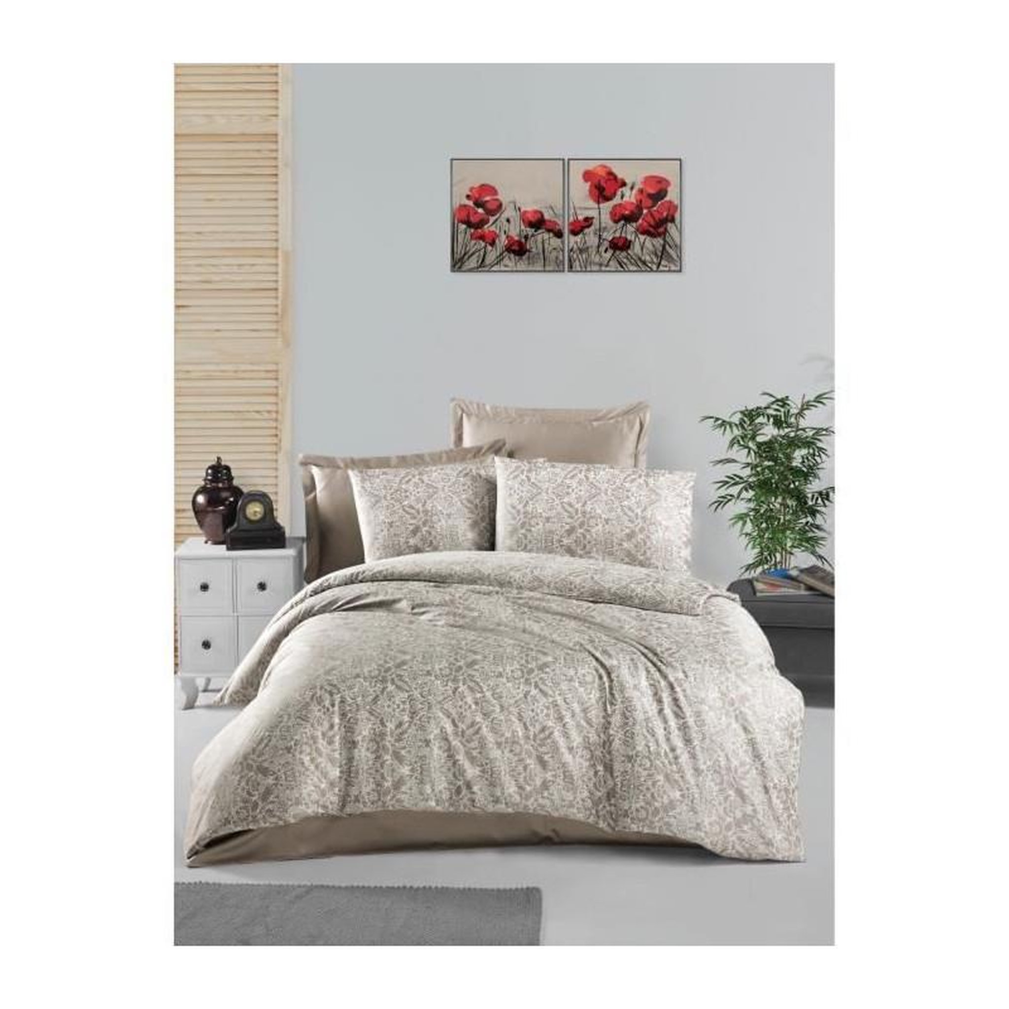 GENERIQUE Parure de lit - 1 housse de couette 220 x 240 cm + 2 taies d'oreiller 60 x 60 cm - Satiné 100% coton - Cappuccino