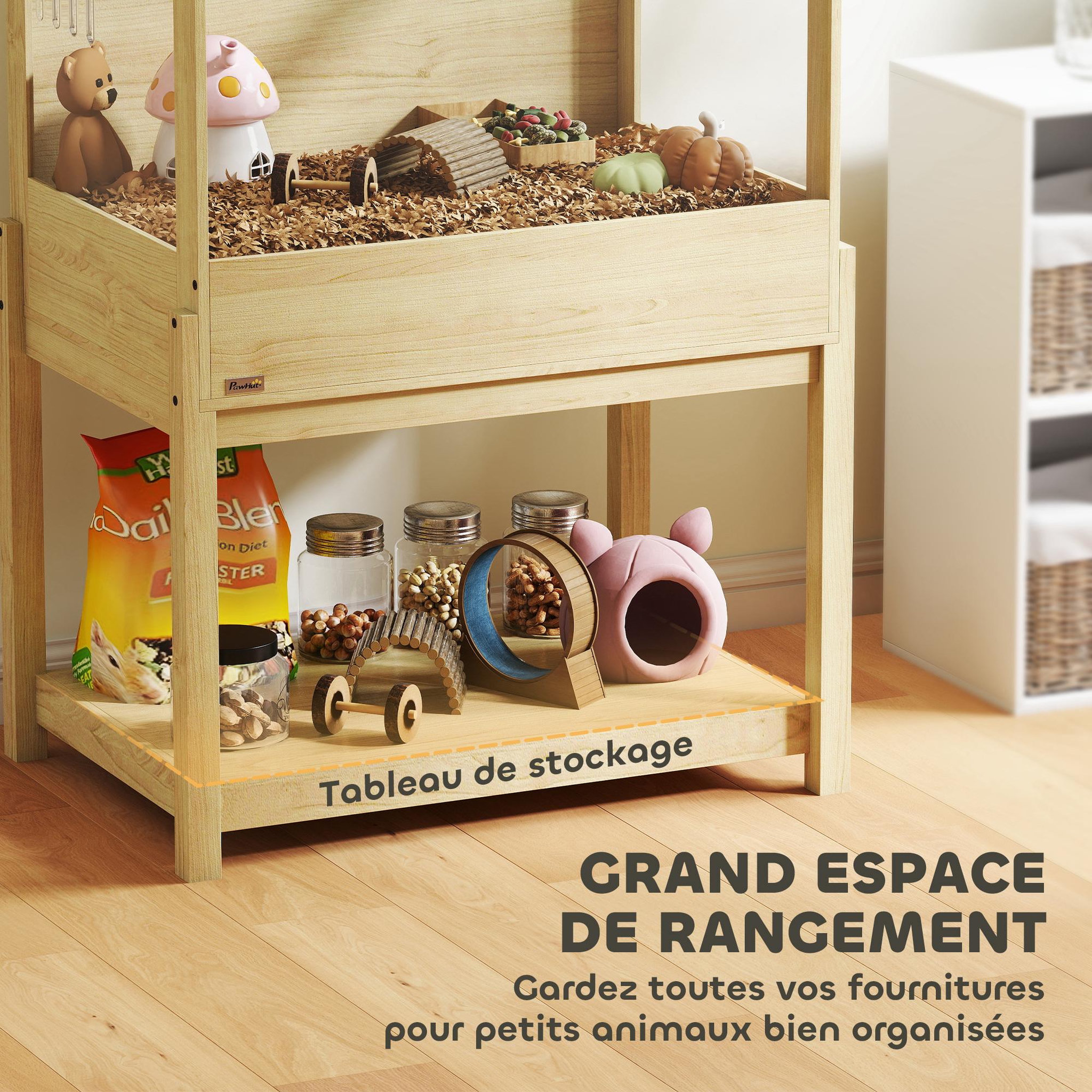 Voir la diapositive 6 : PAWHUT Cage à hamster rongeur en bois - toit ouvrant verrouillable, fenêtres acrylique, étagère - dim. 83 x 50 x 103 cm - MDF effet bois