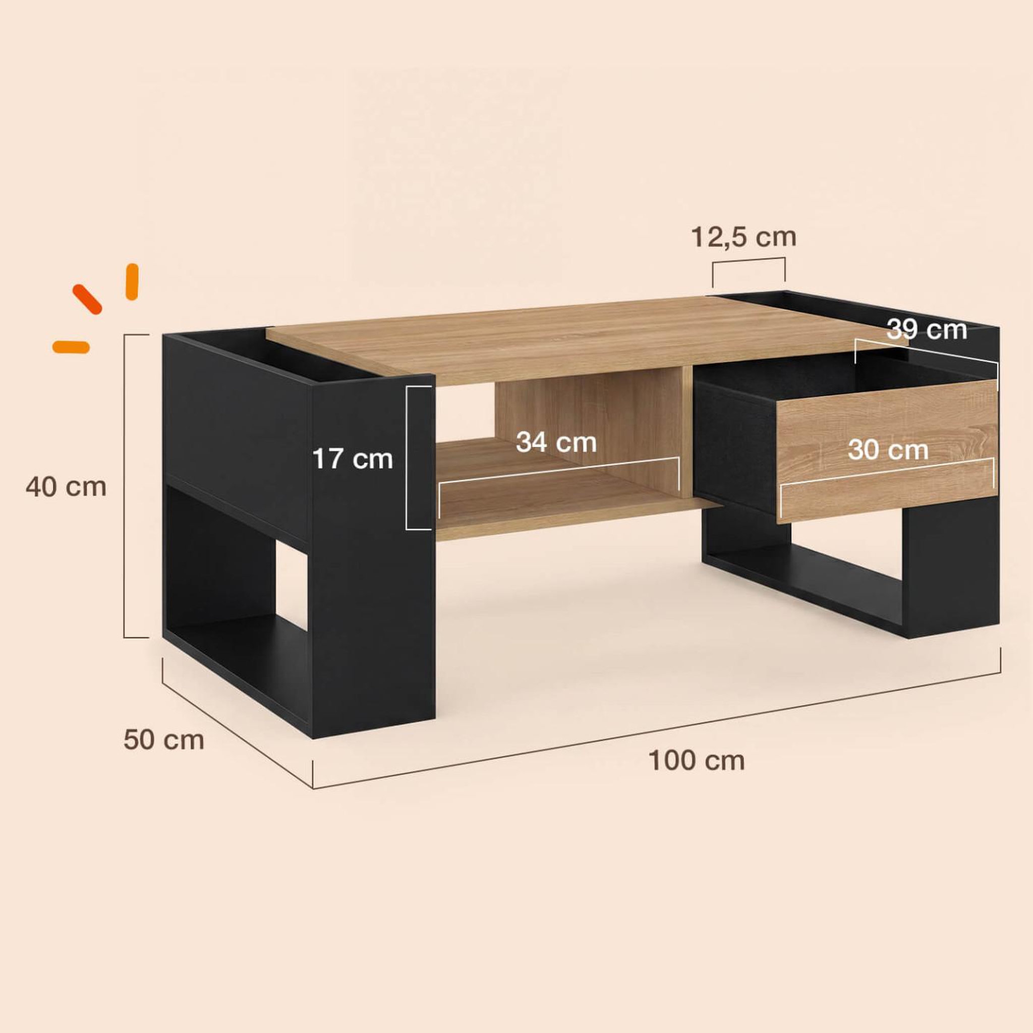 Voir la diapositive 5 : ID MARKET Table basse rectangulaire beryl avec tiroir bois noir et façon hêtre