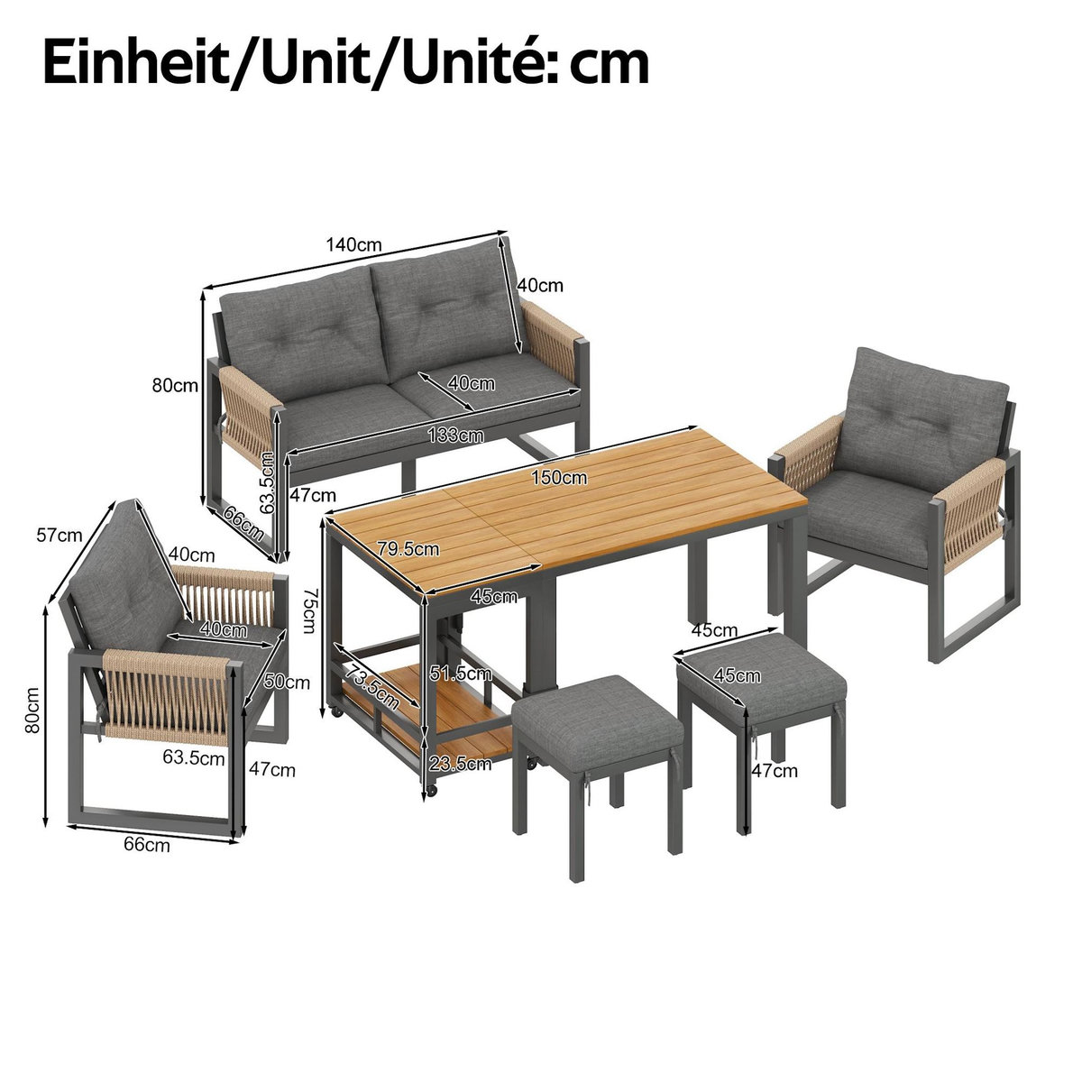 MERAX Salon de jardin 6 places avec canapé 2 places, 2 fauteuils, 2 poufs et table amovible,gris bois