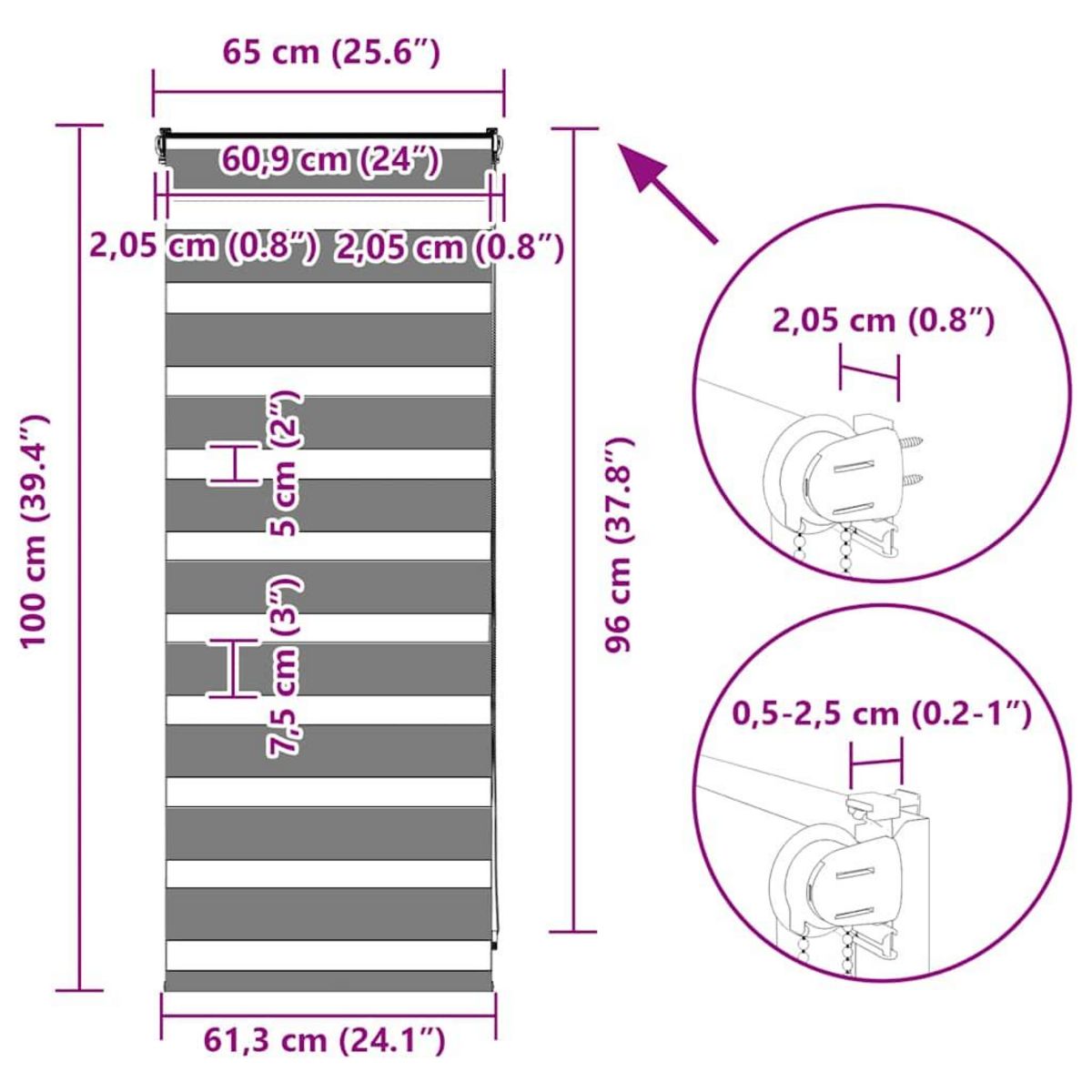 VIDAXL Store zebre gris fonce largeur du tissu 60,9 cm polyester