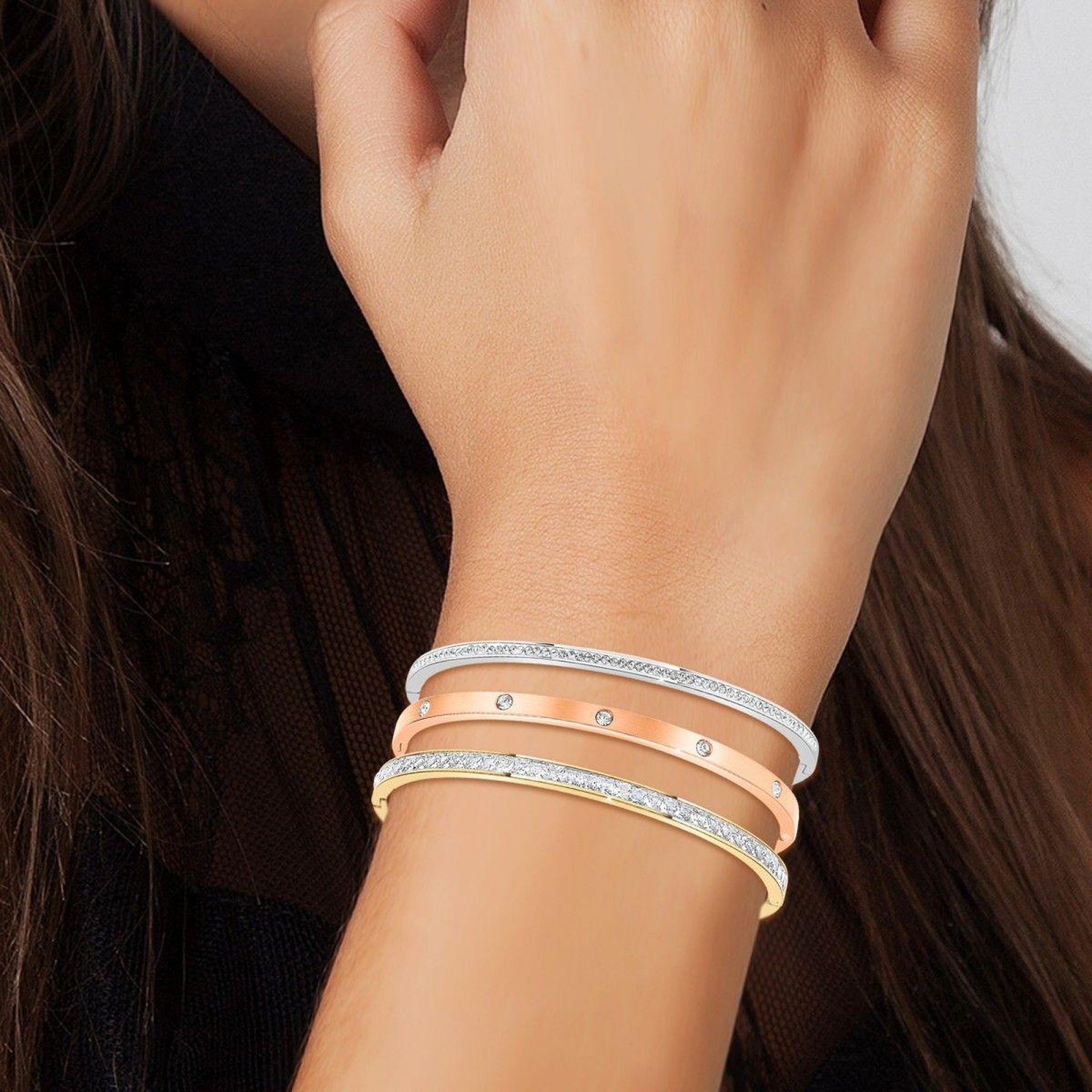 Voir la diapositive 2 : SC CRYSTAL 3 bracelets en acier inoxydable SC Crystal en Acier Rhodié argenté