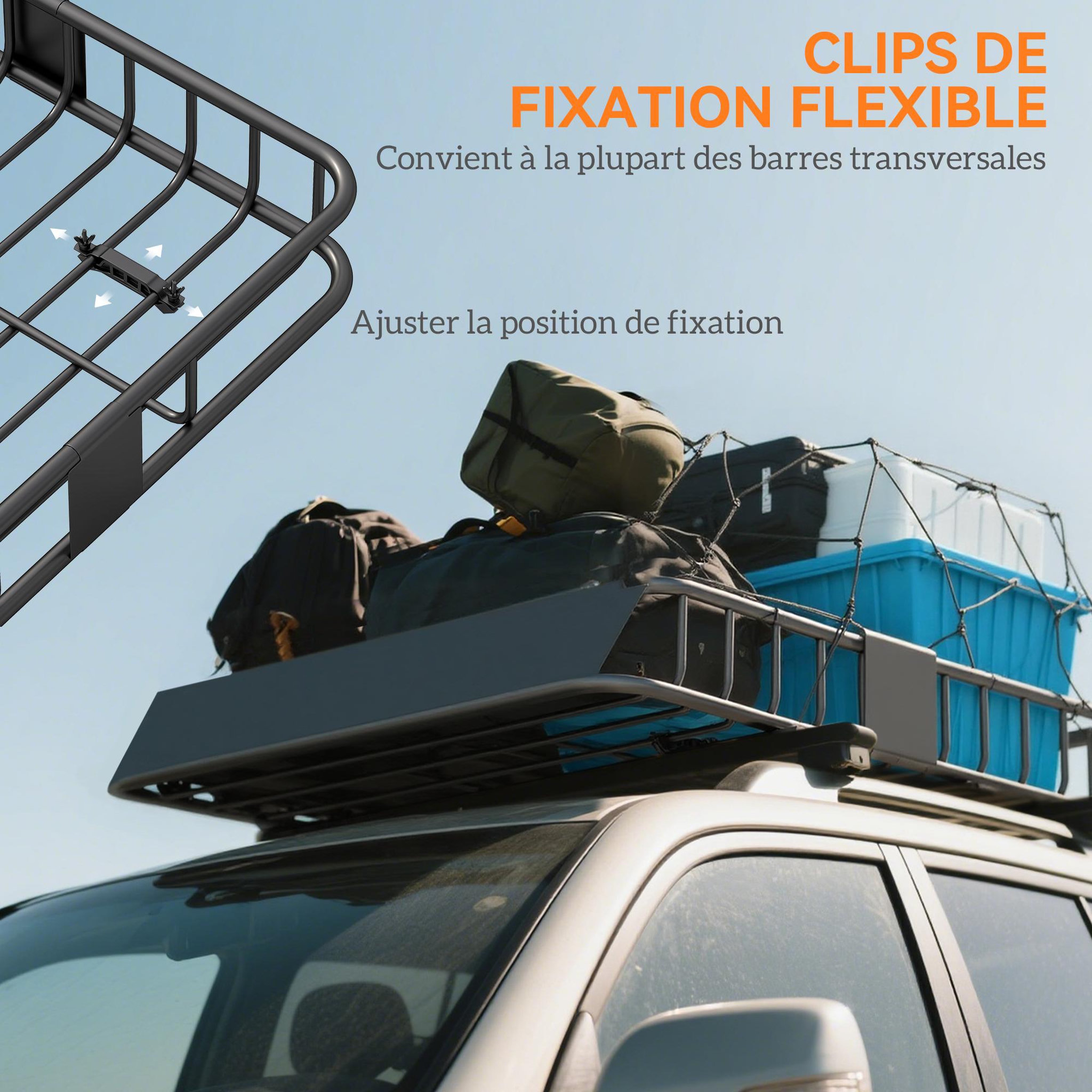 Voir la diapositive 6 : HOMCOM Galerie de toit en acier charge max. supportée 90 Kg dim. 110,5x99,5x18,5 cm noir