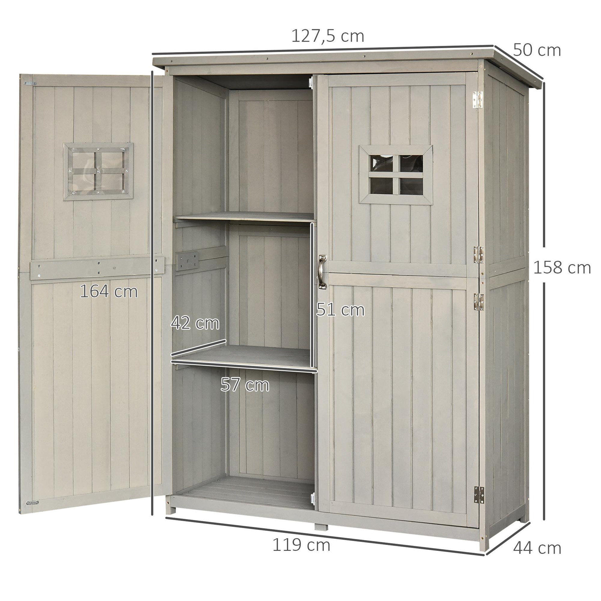 Voir la diapositive 6 : OUTSUNNY Abri de jardin armoire de jardin remise pour outils sur pied dim. 128L x 50l x 164H cm 2 étagères 2 portes 2 fenêtres toit bitumé étanche bois massif sapin pré-huilé gris