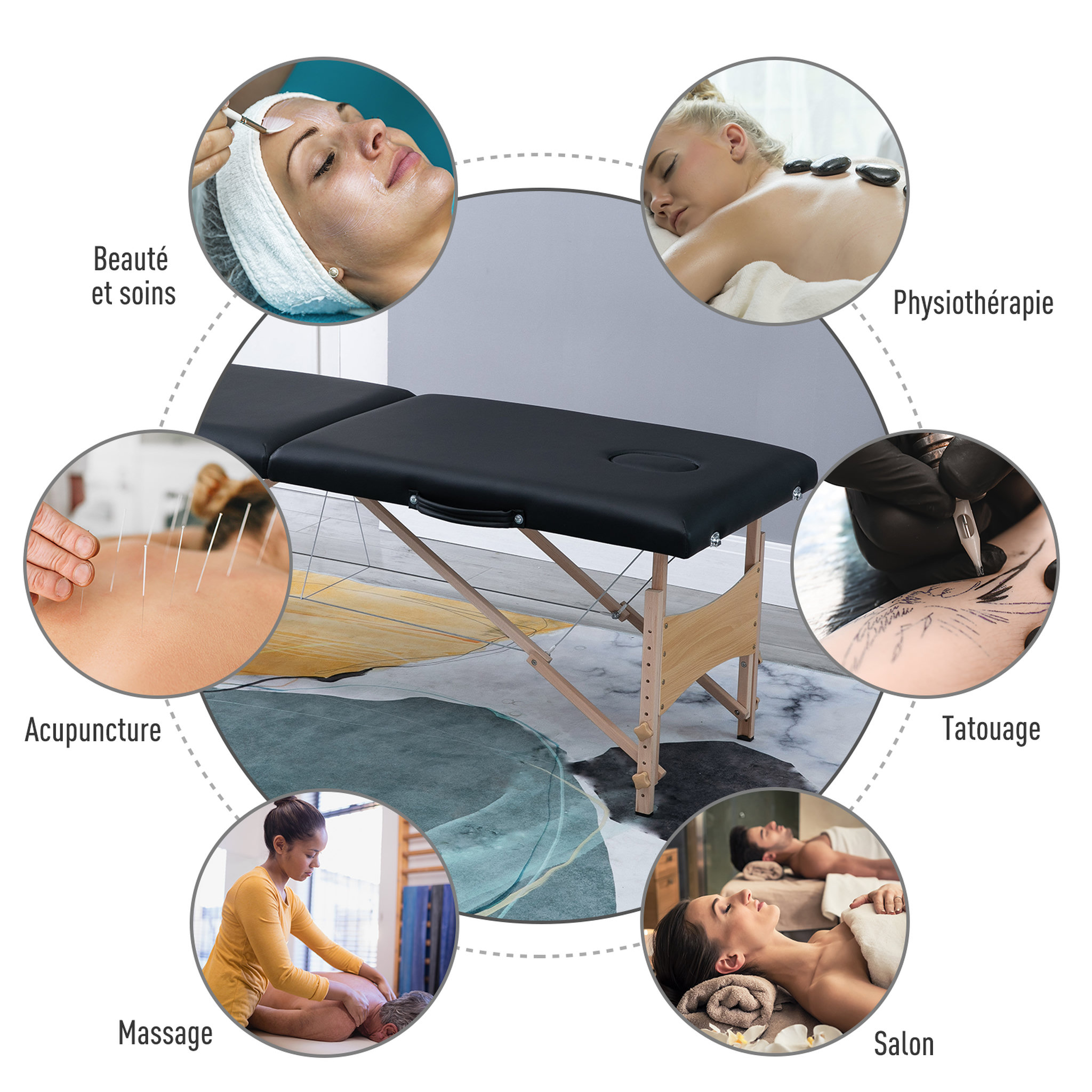 Voir la diapositive 5 : HOMCOM Table de massage pliante lit table de beauté 2 zones portable sac de tranport inclus hauteur réglable dim. 186L x 60l x 58-81H cm bois massif revêtement synthétique noir