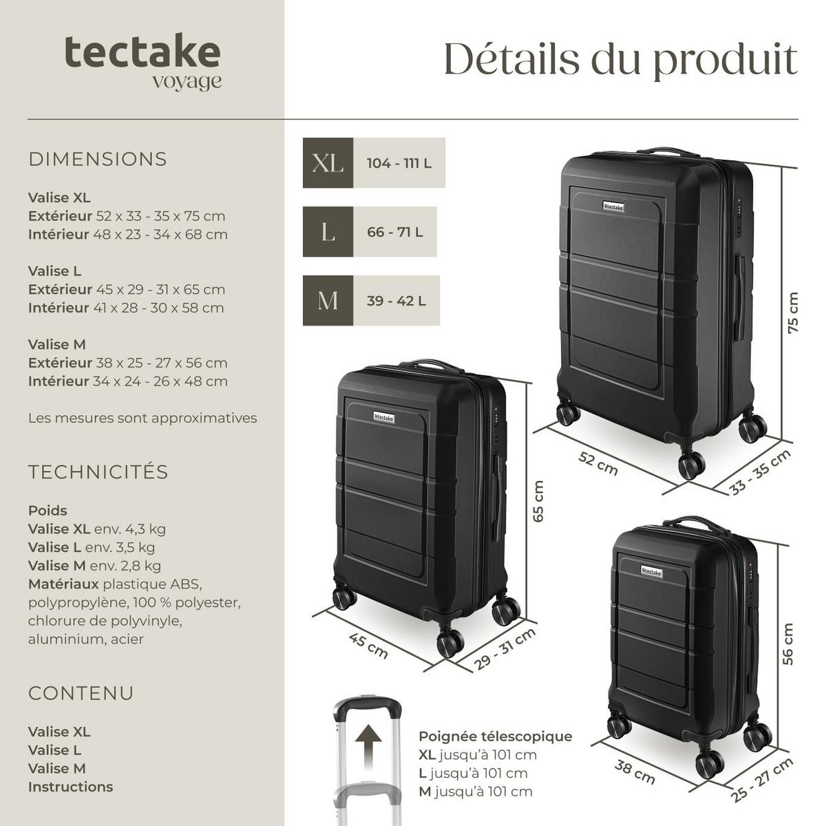 tectake Set de valises de voyage 3 pièces en plastique ABS robuste avec revêtement en polycarbonate noir