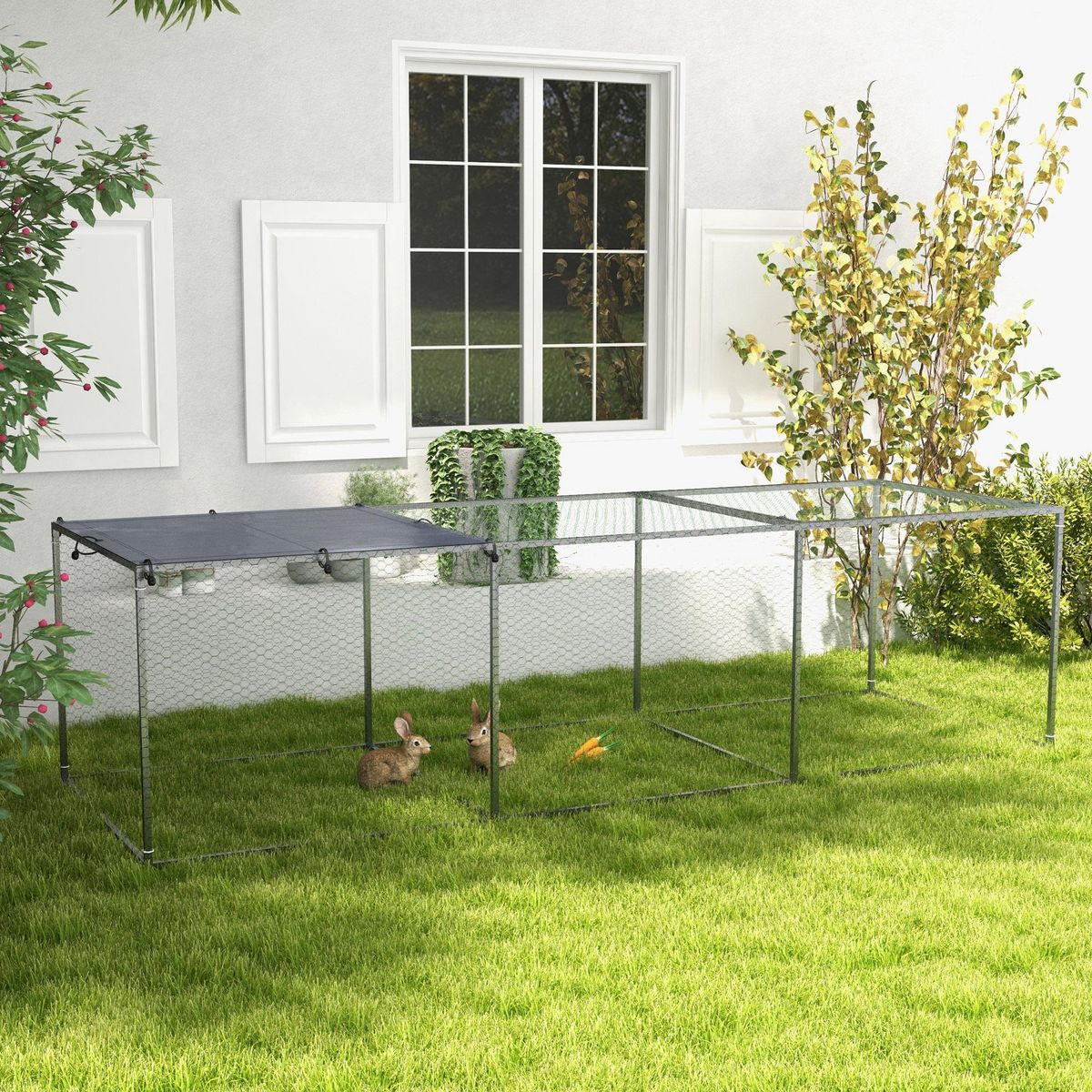 PAWHUT Cage parc enclos poulailler dim. 2,96L x 1l x 0,8H m - espace couvert - ouverture toit verrouillable - acier gris vert