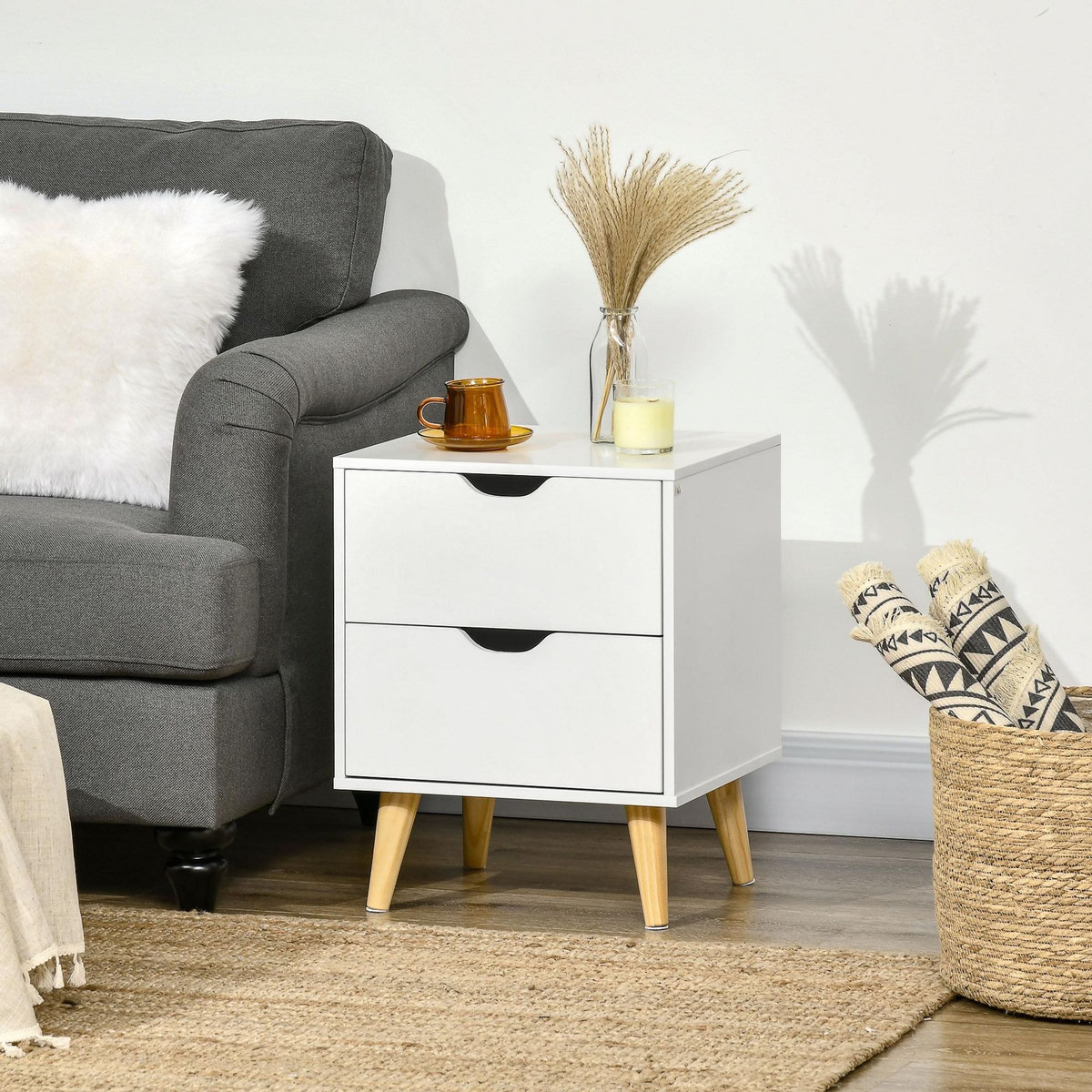 HOMCOM Chevet table de nuit design scandinave 2 tiroirs piètement bois pin panneaux particules blanc