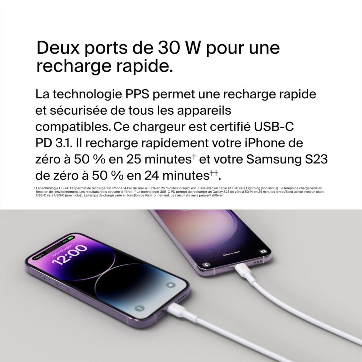 Belkin Chargeur 2x USB-C 30W Blanc