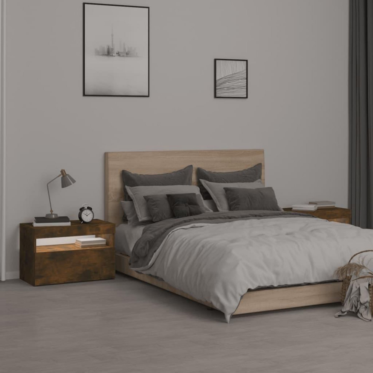 VIDAXL Tables de chevet 2 pcs et lumieres LED Chene fume 60x35x40 cm