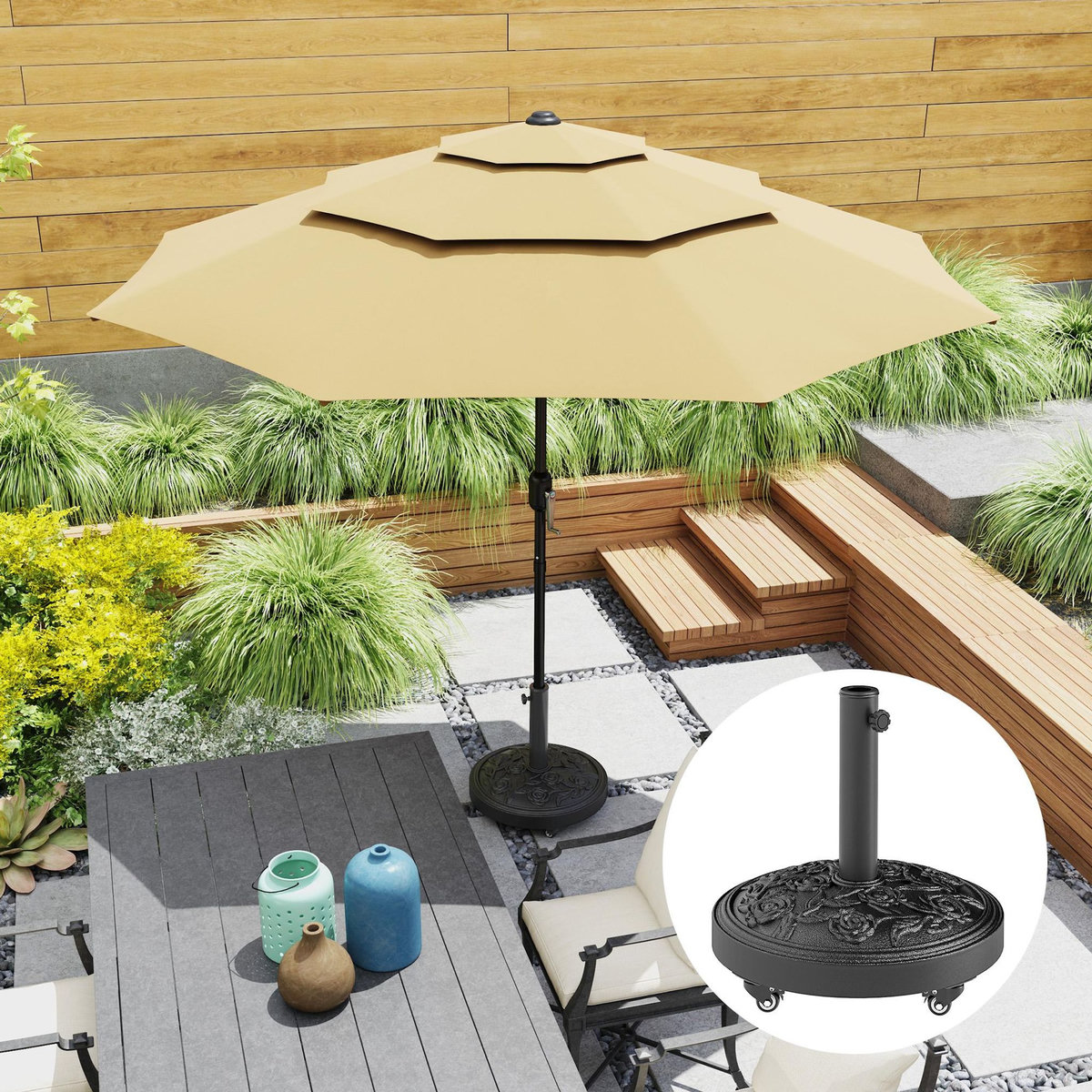 OUTSUNNY Pied de parasol résine 21 Kg mobile compatible mât dia. 32/38/48 mm