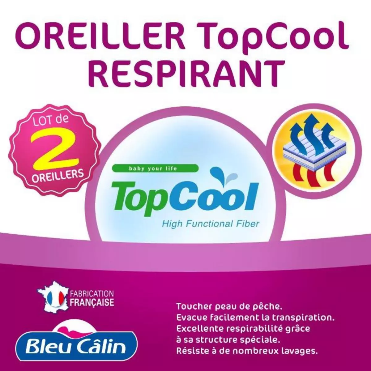 BLEUCALIN Lot 2 oreillers médium anti-transpiration TOPCOOL