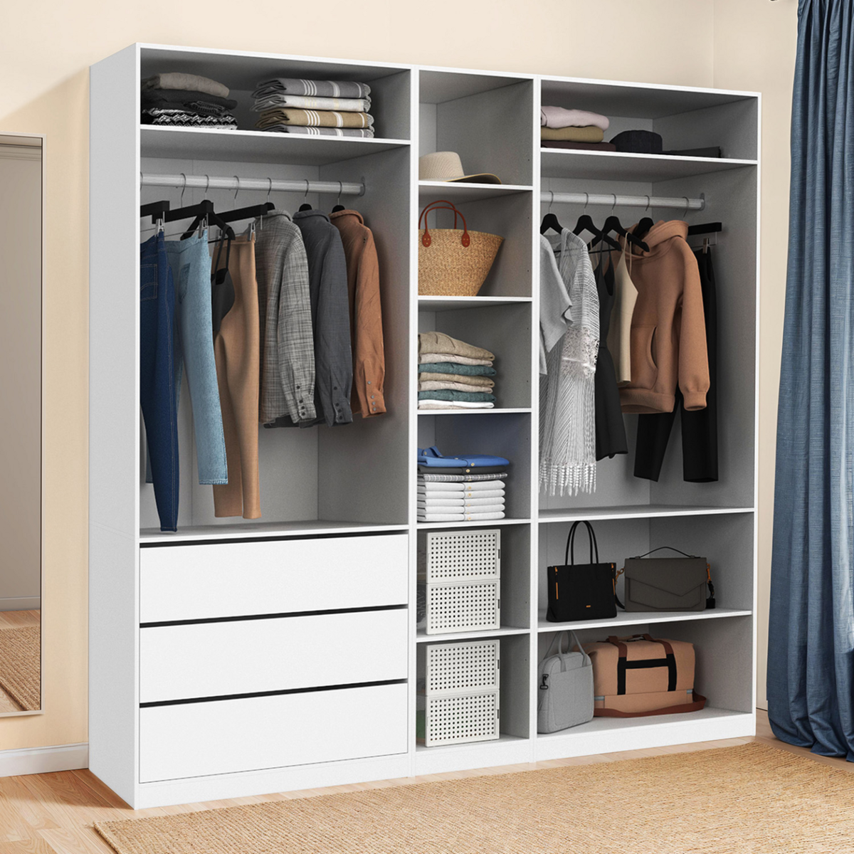 ID MARKET Dressing modulable TAYLOR 200 x 55 x 200 cm 3 modules avec penderies + étagères + tiroirs blanc