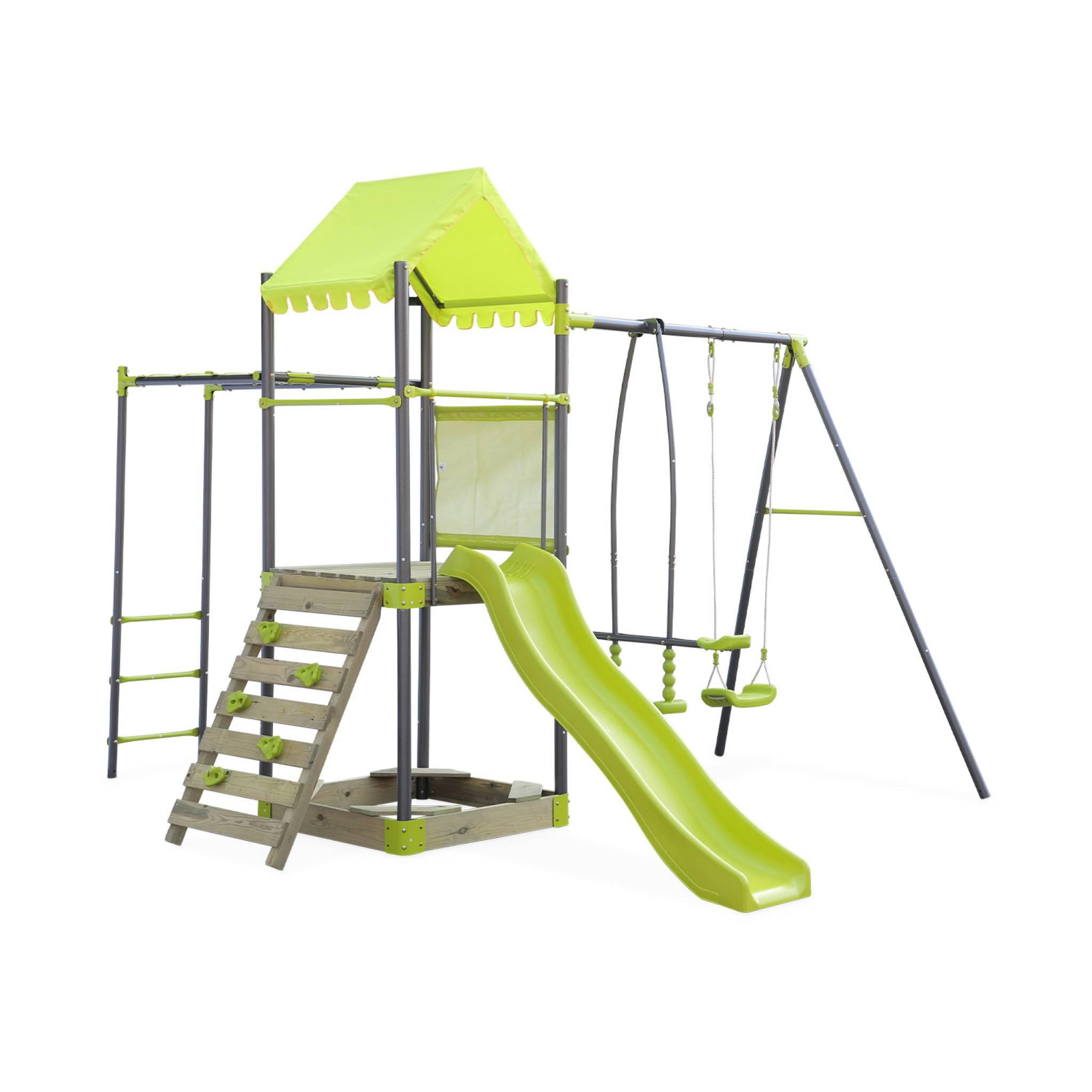 Voir la diapositive 1 : SWEEEK Aire de jeux pour enfants verte acier et bois. toboggan. bac à sable. mur d'escalade. trébuchet. plateforme cabane GALERNE