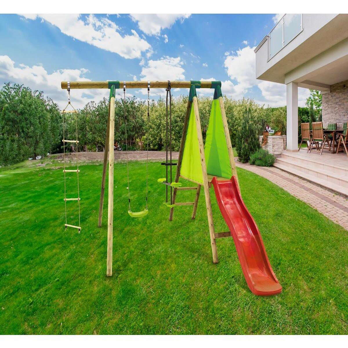 Habitat et Jardin Portique Bois  Kida  - Avec 1 Toboggan - 1 Balançoire - 1 Face à face - 1 Nacelle.