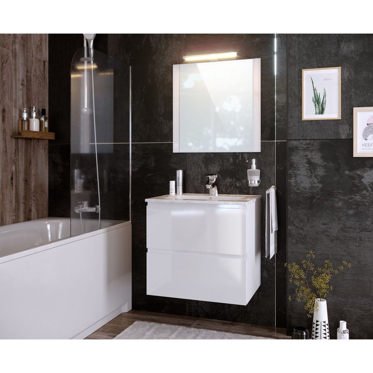 Meuble de salle de bain 1 vasque 2 tiroirs et miroir LED L60cm MILA