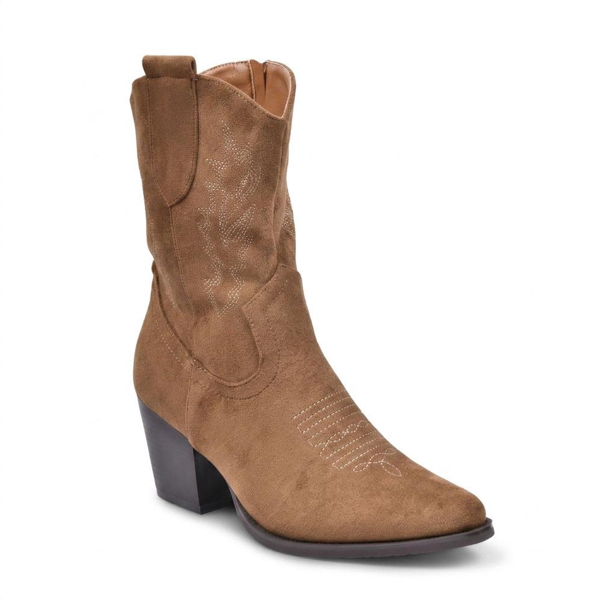 OZABI OZABI Bottines Santiag Femme Suédine Talon Bloc 6 cm Bout Pointu Mi-Mollet. Coloris disponibles : Marron