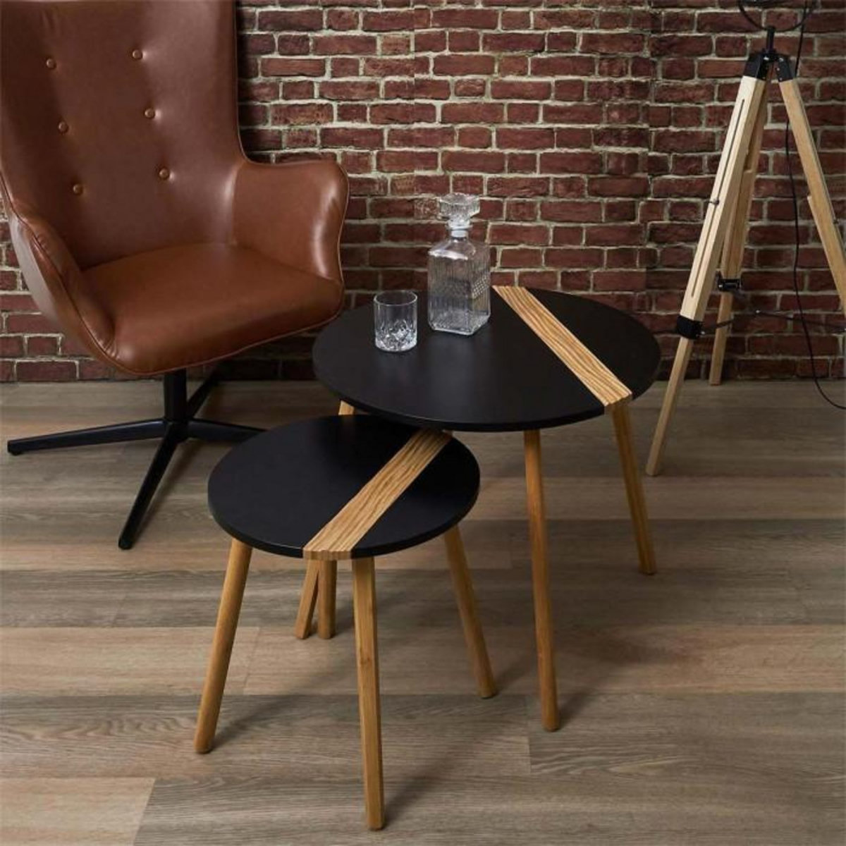 Paris Prix Lot de 2 Tables Gigognes  Relief Bicolore  60cm Noir