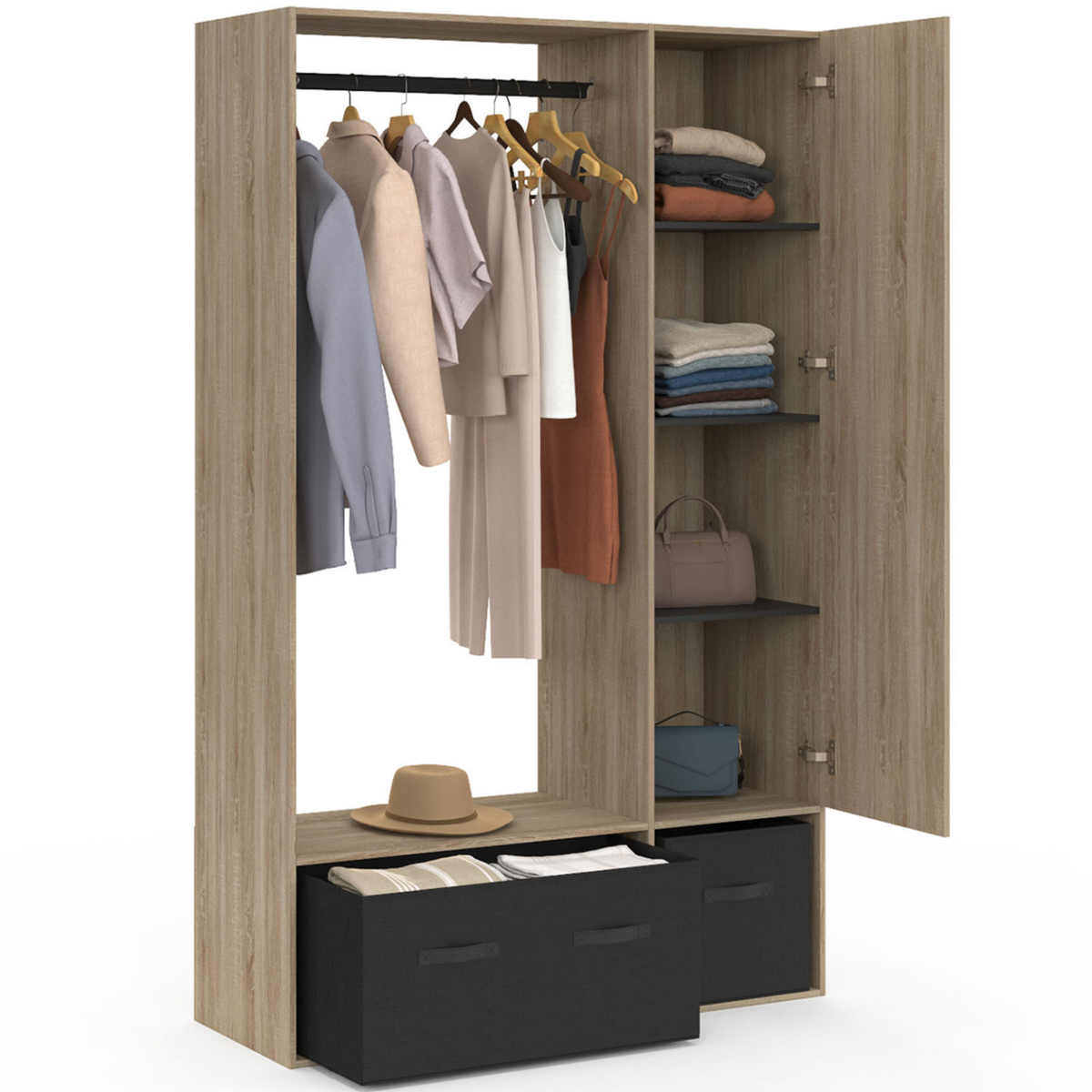 ID MARKET Dressing penderie BERENICE 105 x 40 x 172 cm hêtre avec étagères + boites de rangement noires + miroir