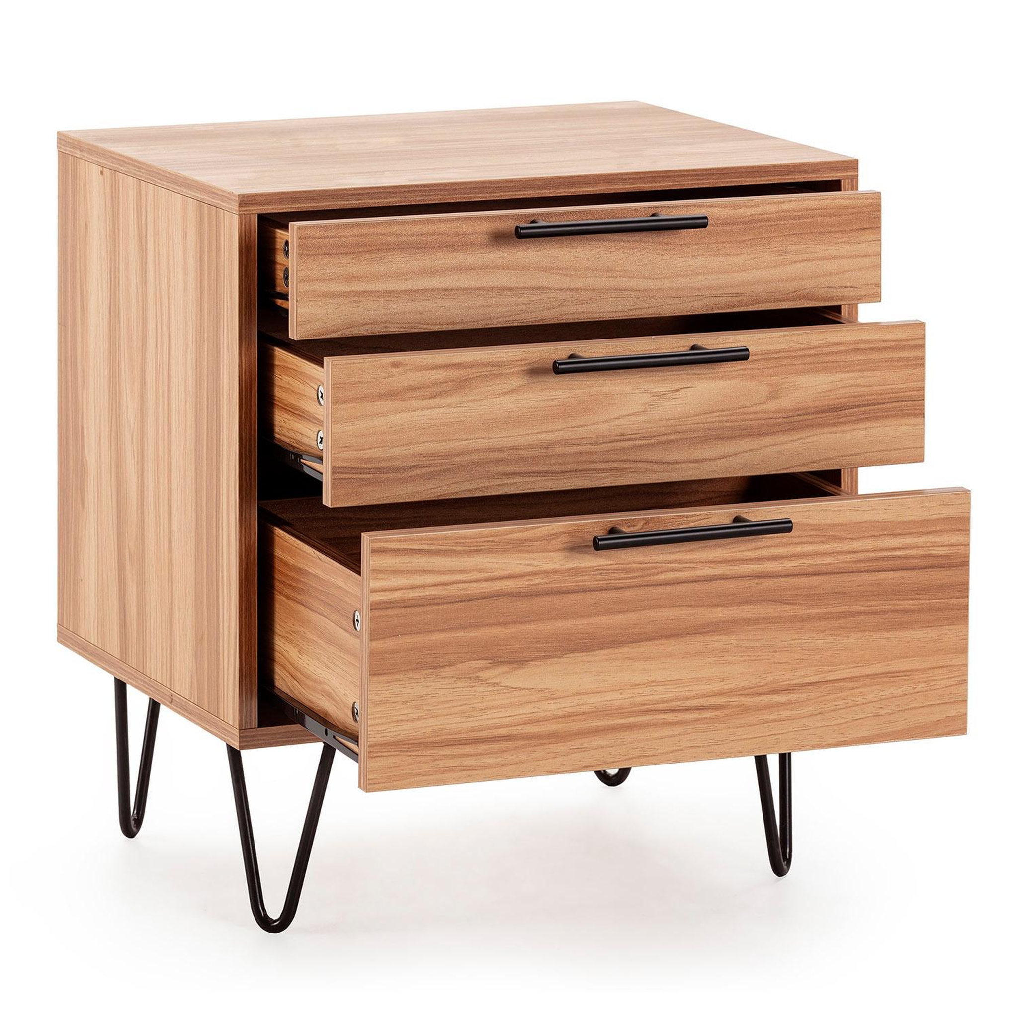 Voir la diapositive 3 : VS VENTA-STOCK Table de chevet Alma 3 tiroirs couleur bois, pieds métal