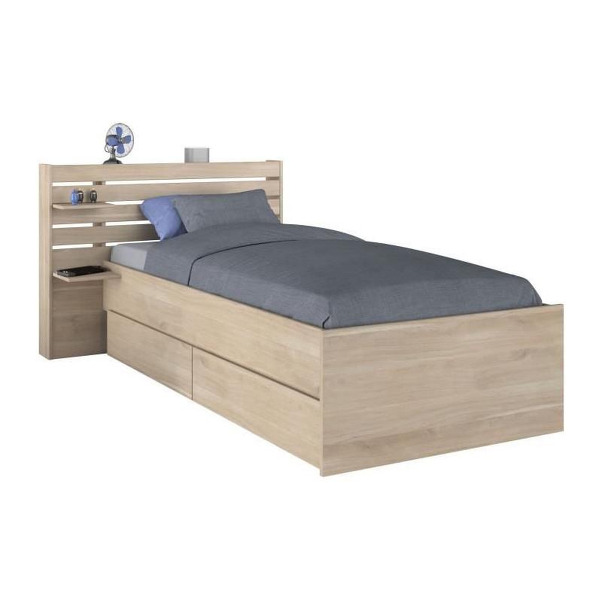 Voir la diapositive 3 : PARISOT Lit enfant ESCALE 90x190/200 cm - Décor chene - Tete de lit + 2 tiroirs - L121,5 x H88,6 x P216,8 cm