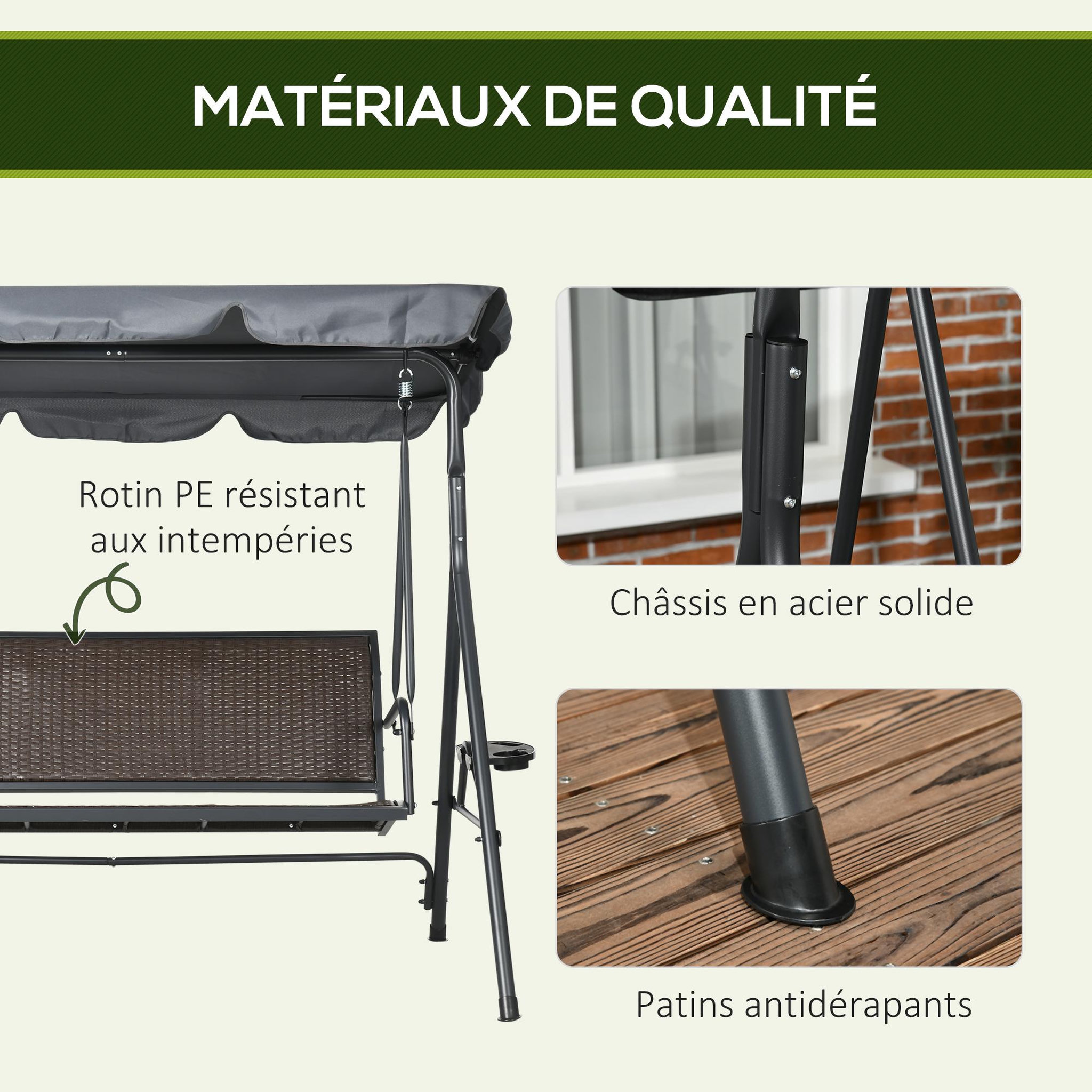 Voir la diapositive 6 : OUTSUNNY Balancelle de jardin 3 places - auvent réglable, plateaux porte-gobelets - résine tressée PE brun acier polyester gris
