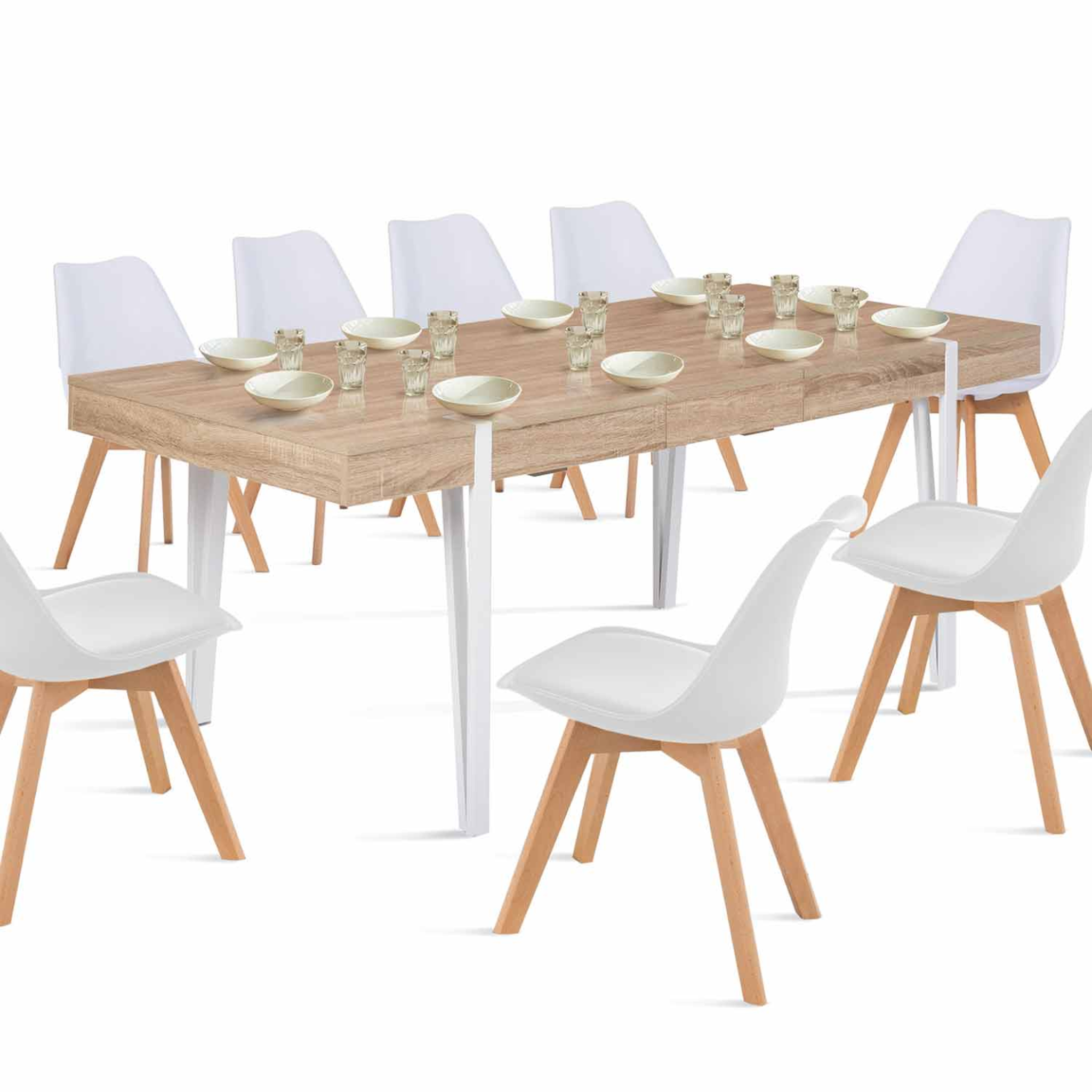 ID MARKET Table à manger extensible rectangle austria 6-10 personnes bois pied épingle blanc 160-200 cm